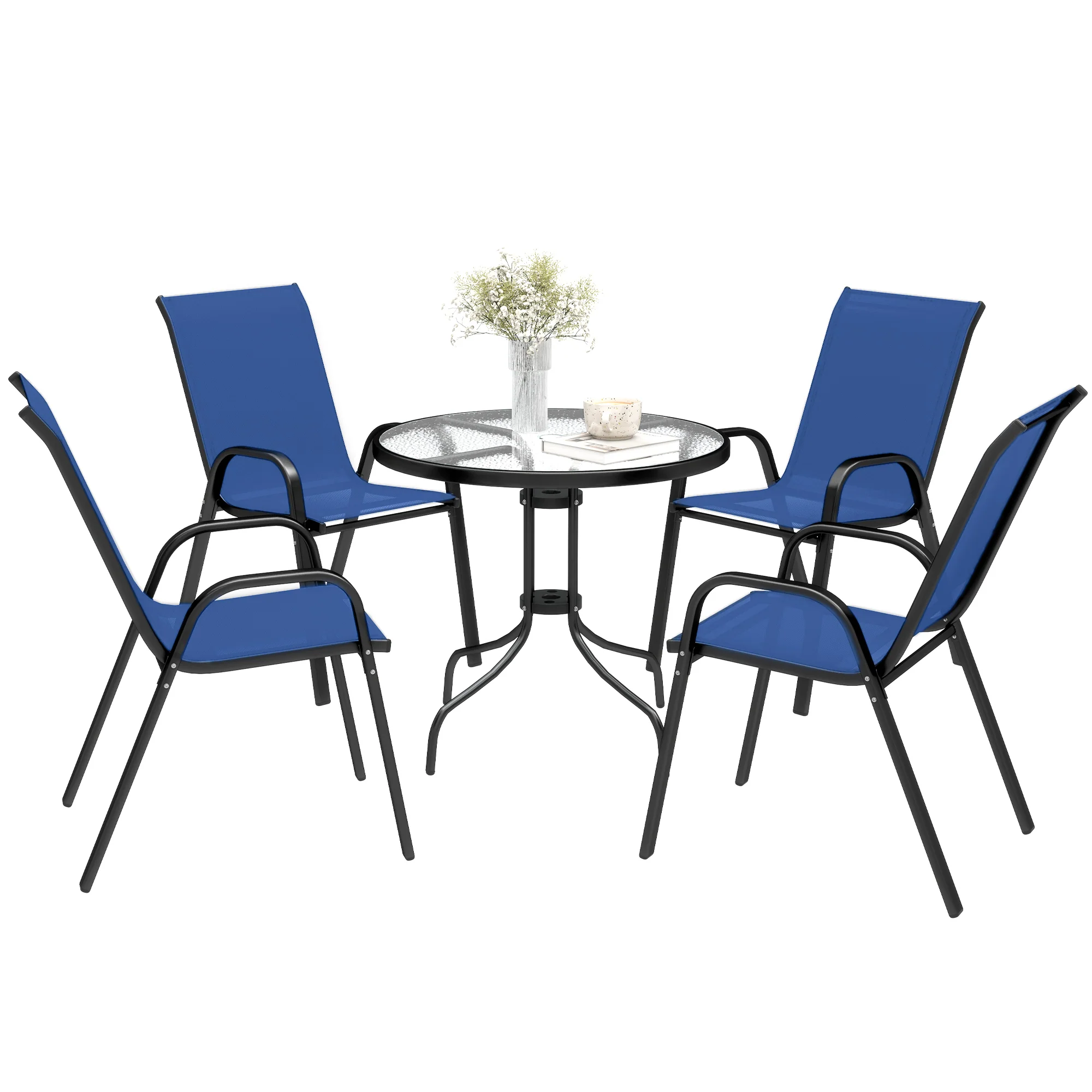 Outsunny 5 PCs Garden Furniture Set, Round Table And Stackable Chairs, Blue