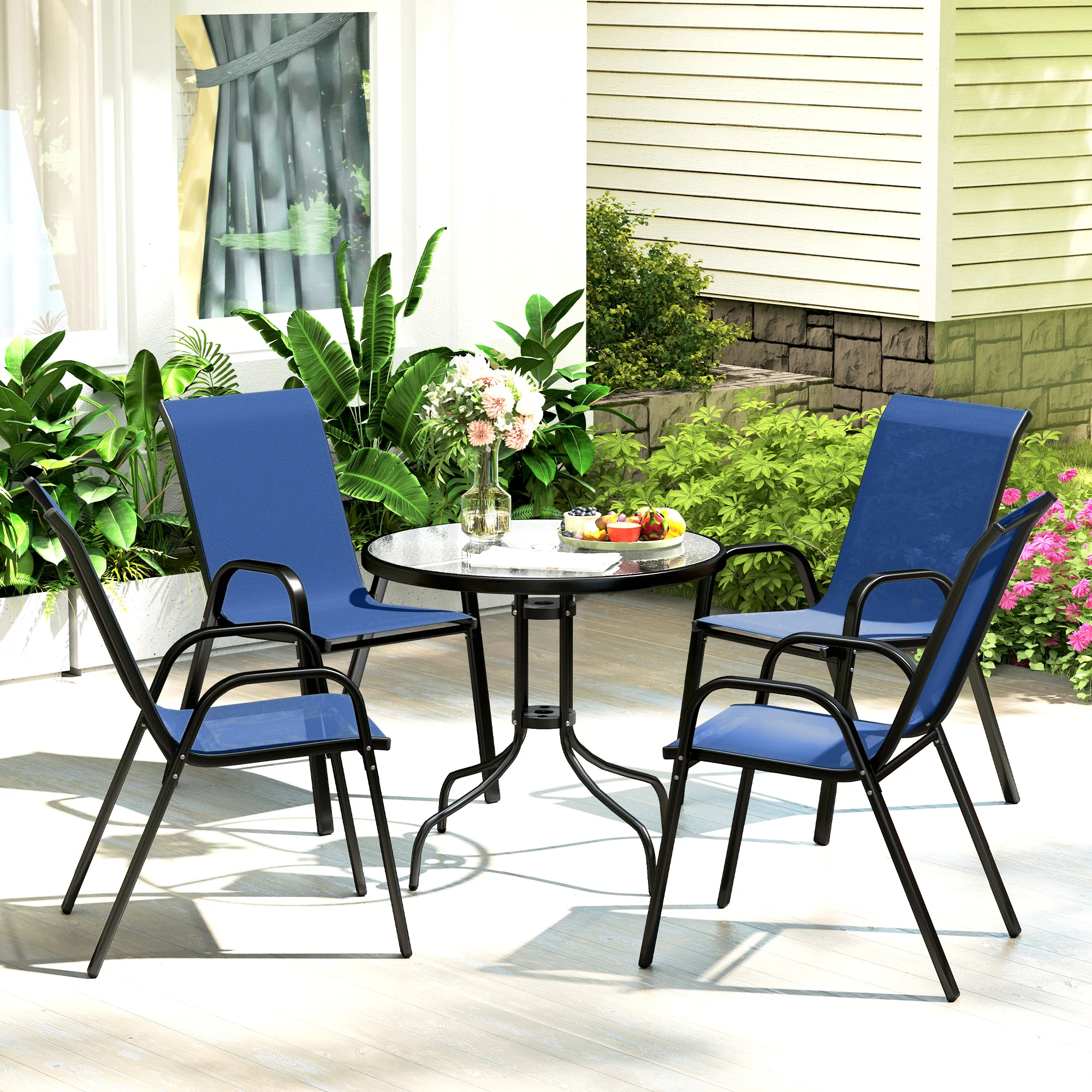 Outsunny 5 PCs Garden Furniture Set, Round Table And Stackable Chairs, Blue - Image 2
