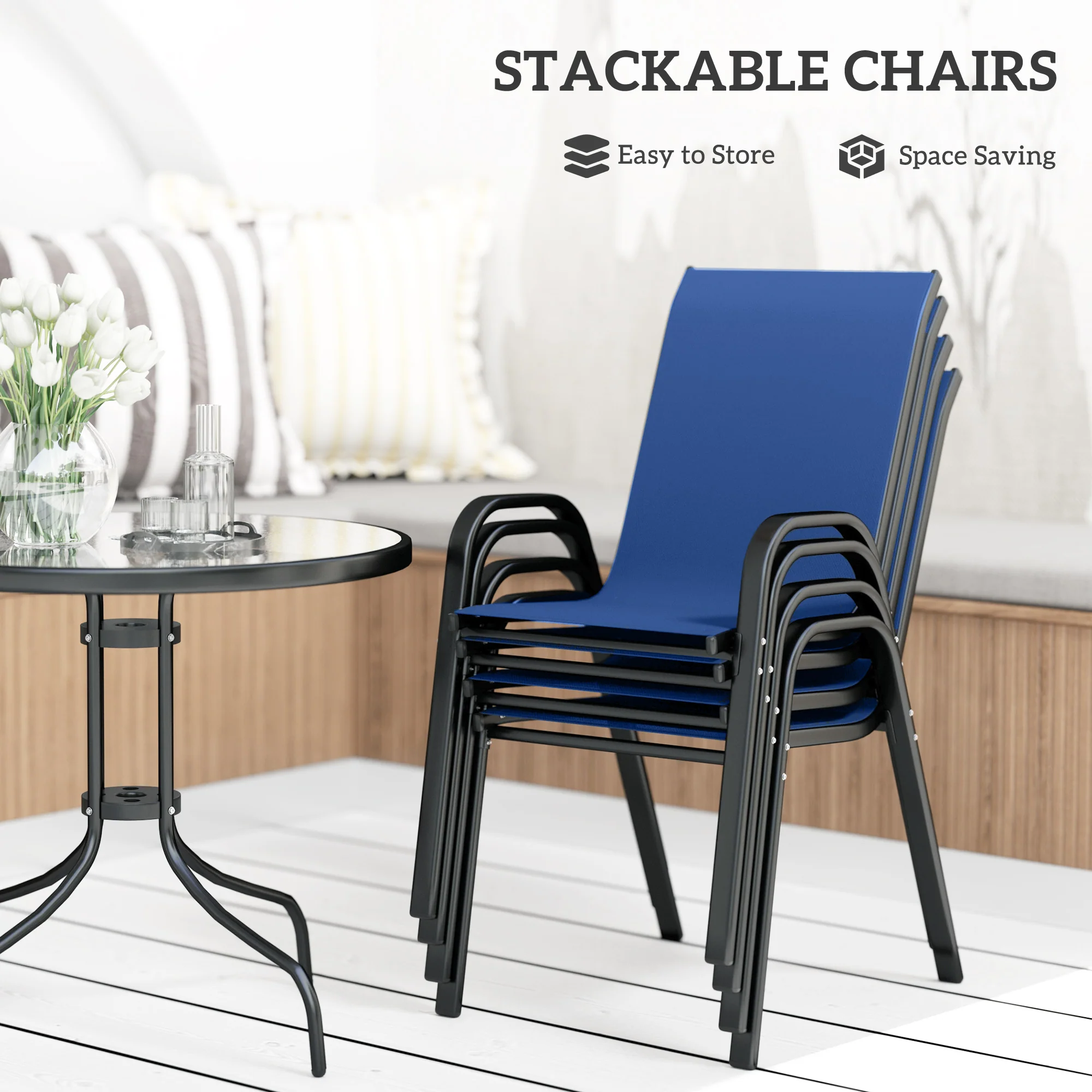 Outsunny 5 PCs Garden Furniture Set, Round Table And Stackable Chairs, Blue - Image 4
