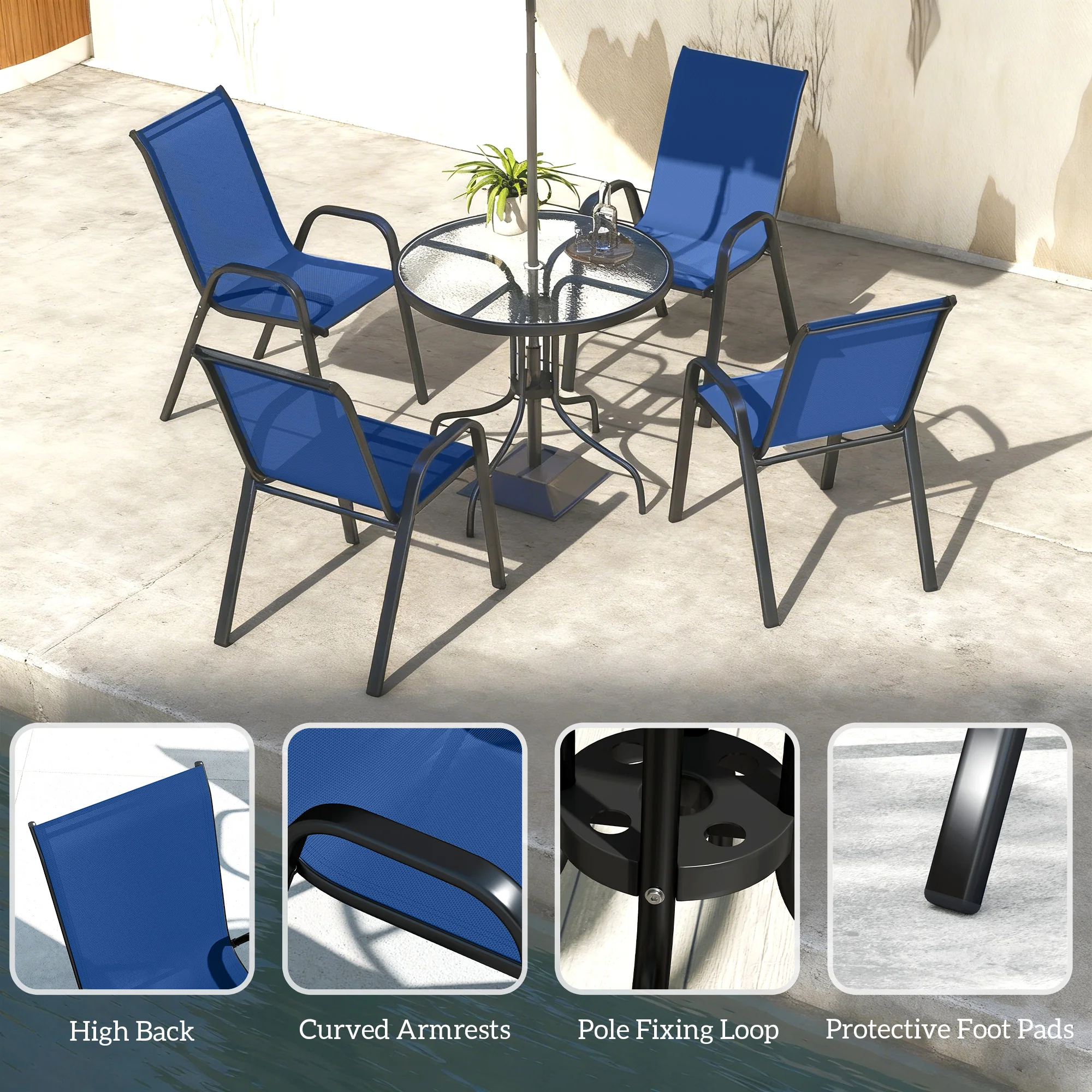 Outsunny 5 PCs Garden Furniture Set, Round Table And Stackable Chairs, Blue - Image 7