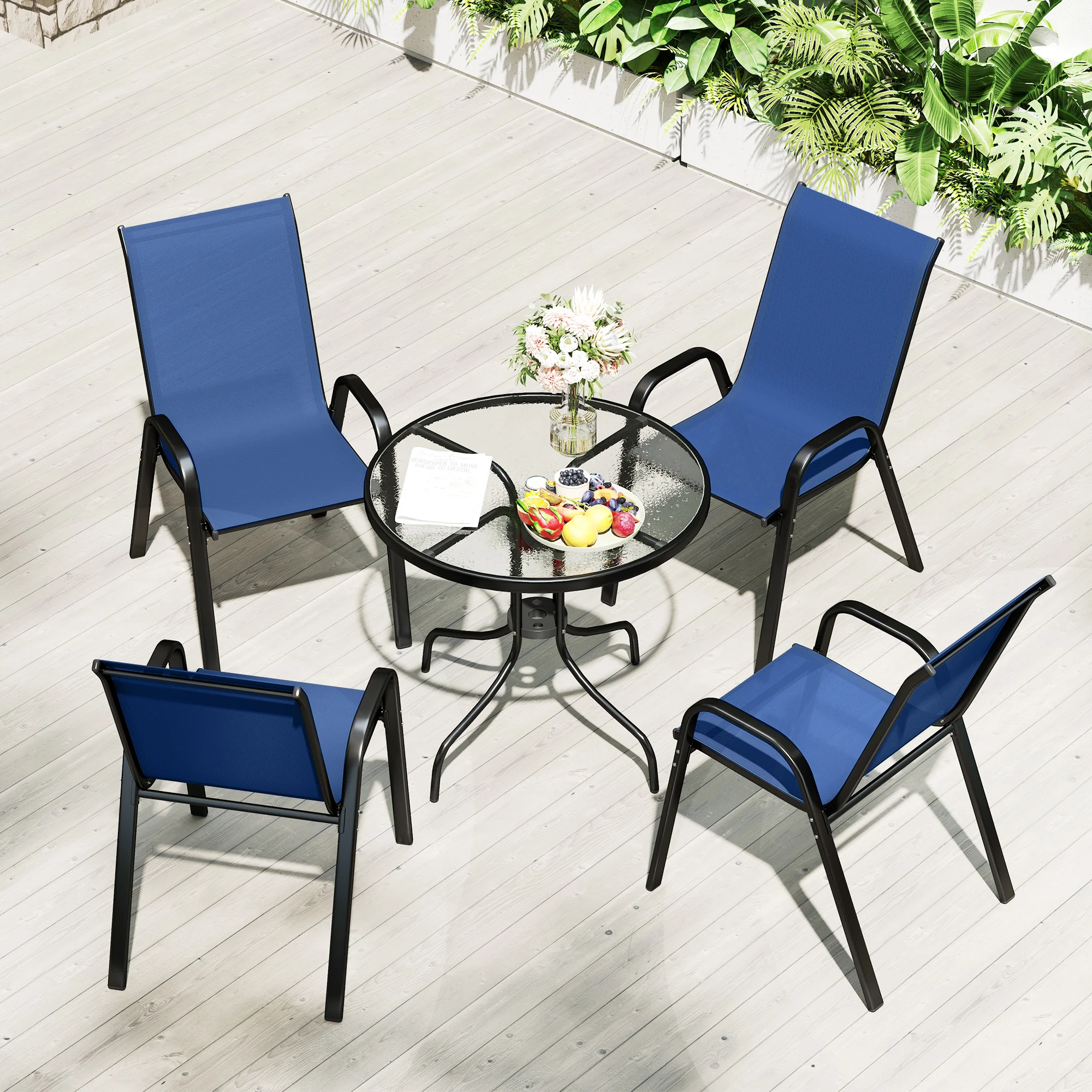 Outsunny 5 PCs Garden Furniture Set, Round Table And Stackable Chairs, Blue - Image 8