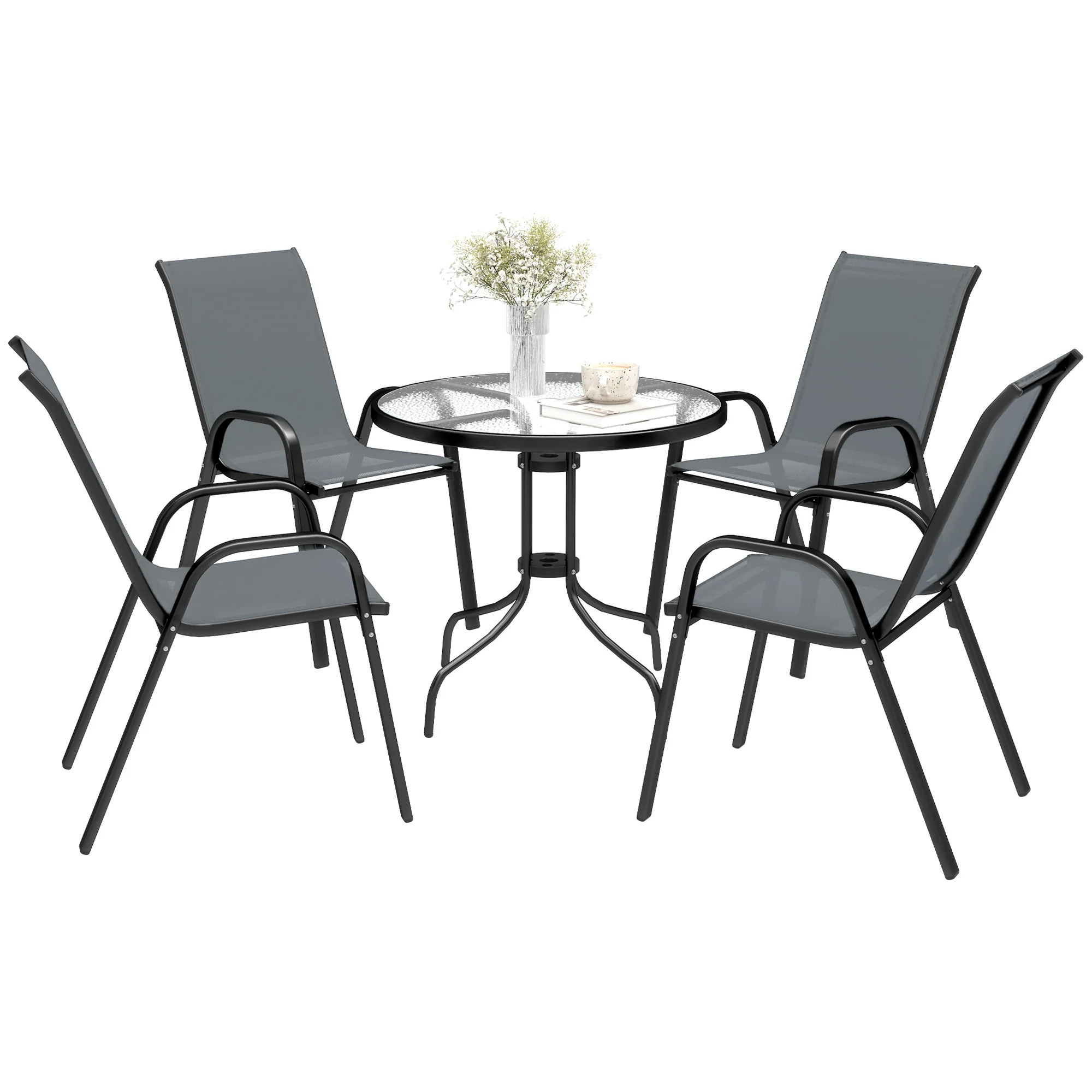 Outsunny 5 PCs Garden Furniture Set, Round Table And Stackable Chairs, Grey - Image 10