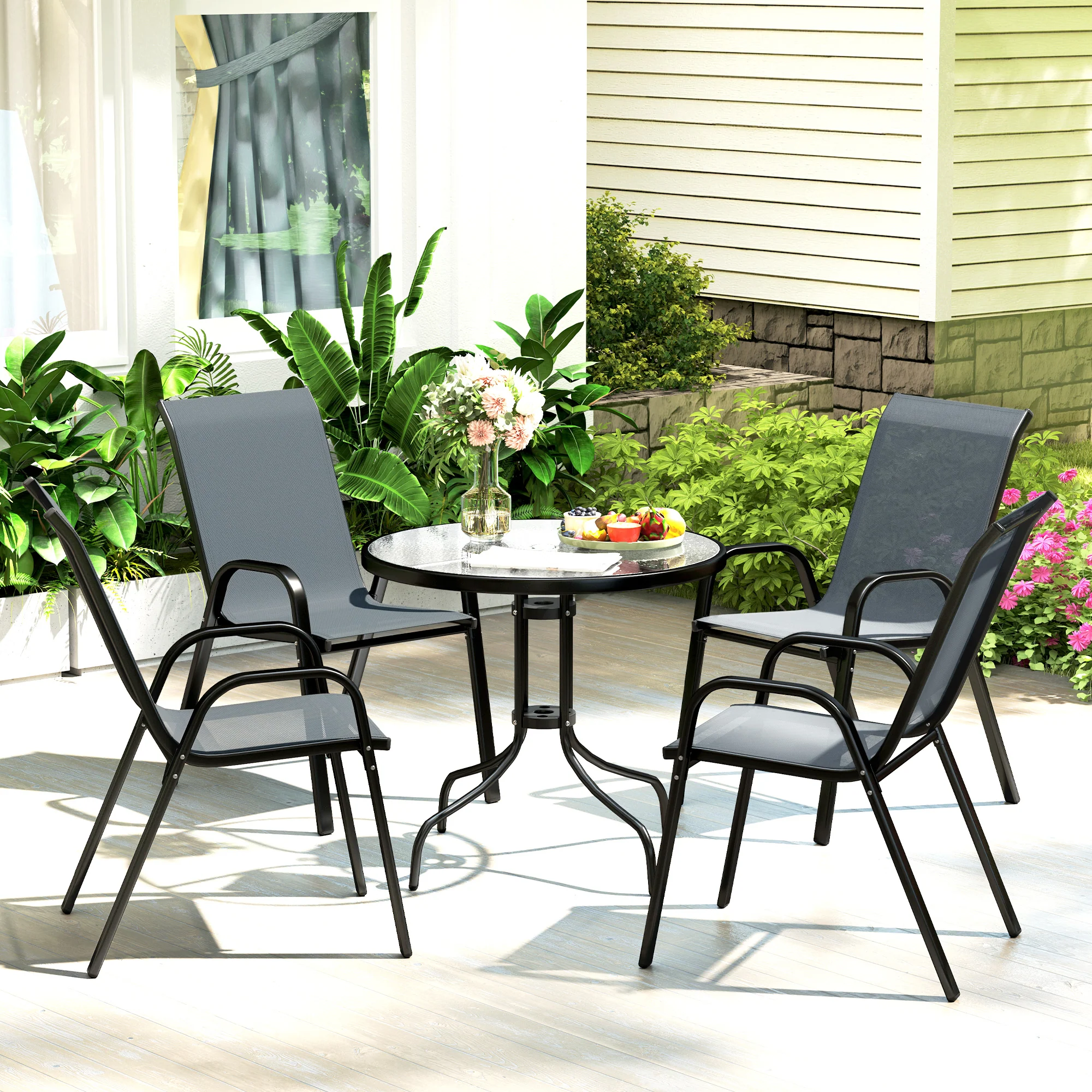 Outsunny 5 PCs Garden Furniture Set, Round Table And Stackable Chairs, Grey - Image 11