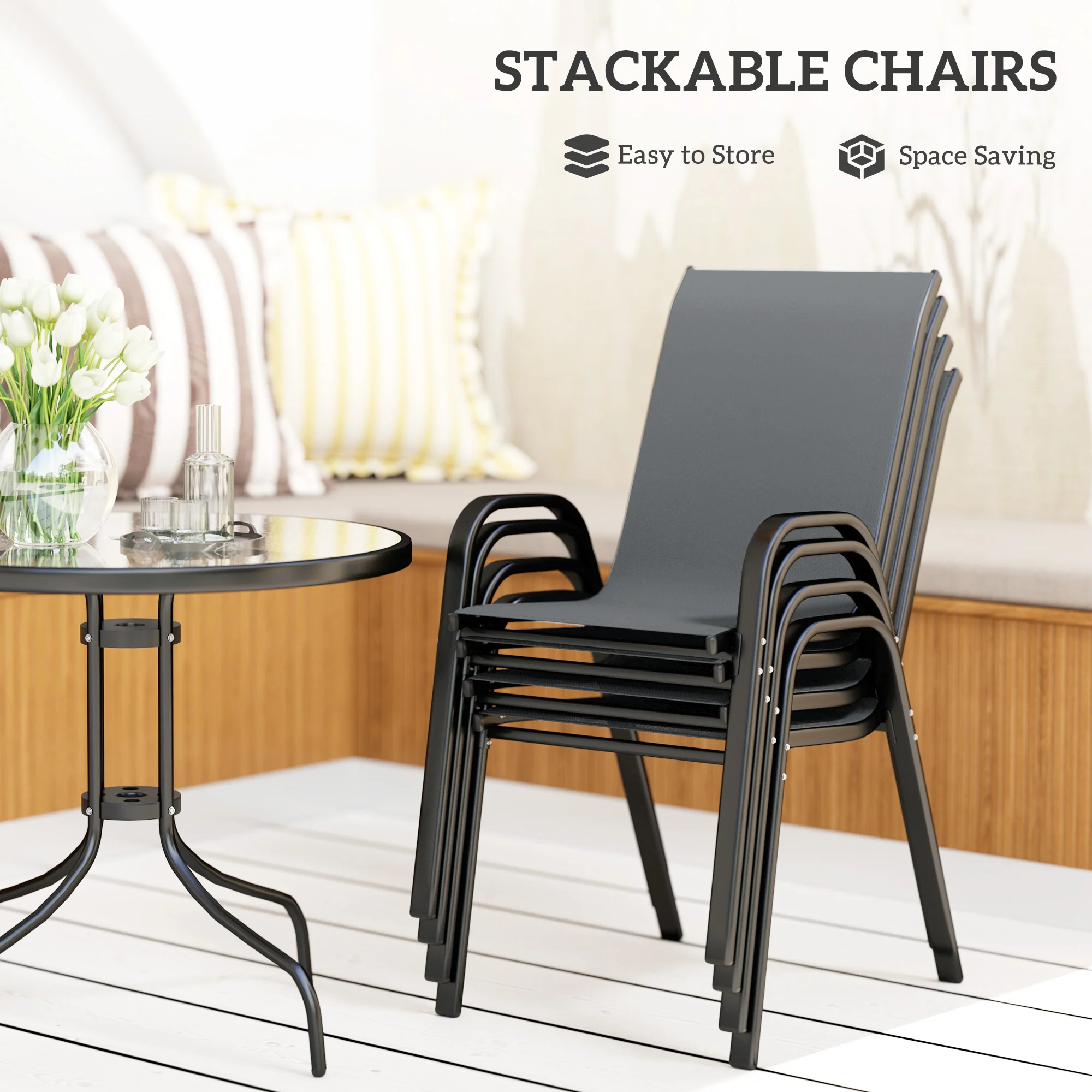 Outsunny 5 PCs Garden Furniture Set, Round Table And Stackable Chairs, Grey - Image 12