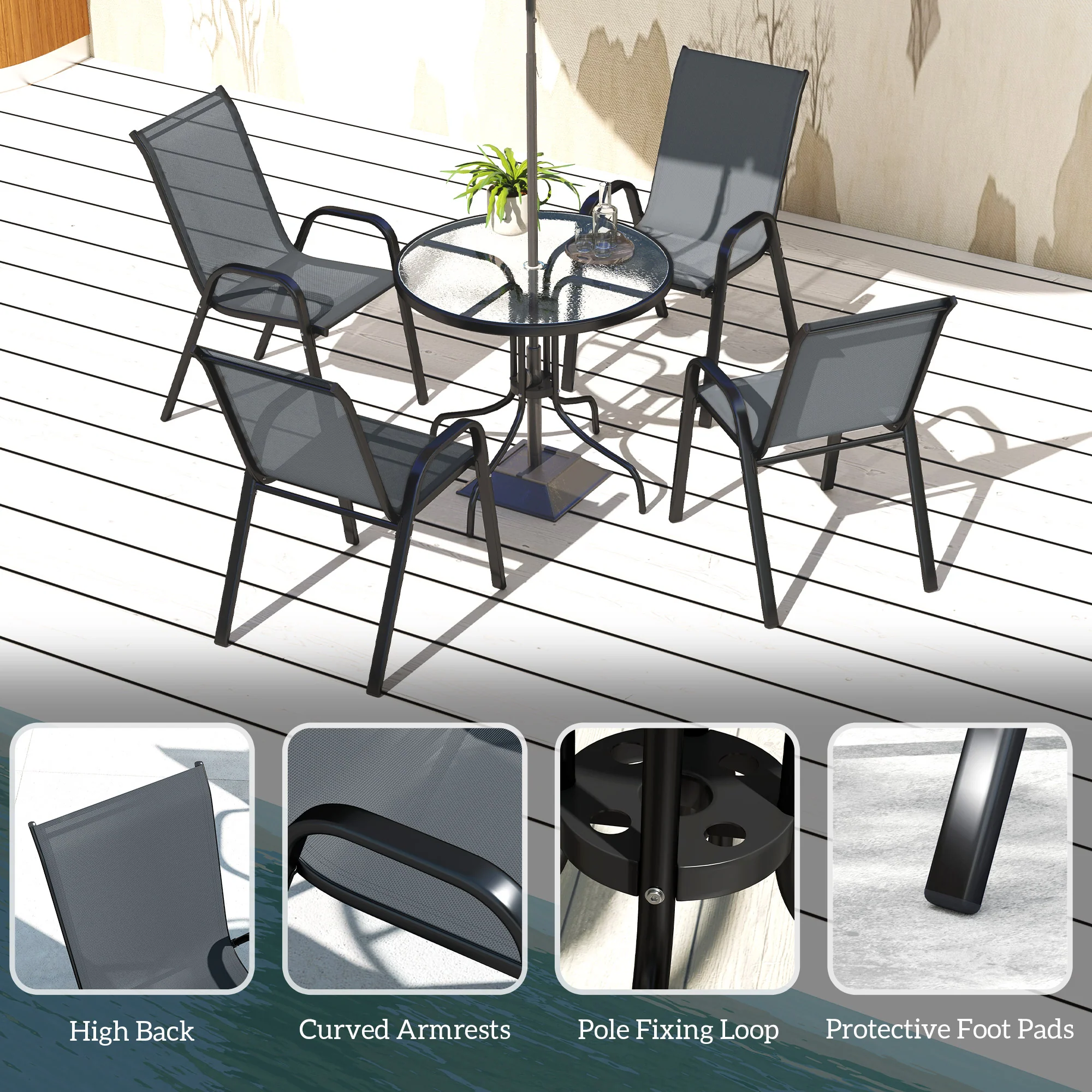Outsunny 5 PCs Garden Furniture Set, Round Table And Stackable Chairs, Grey - Image 16