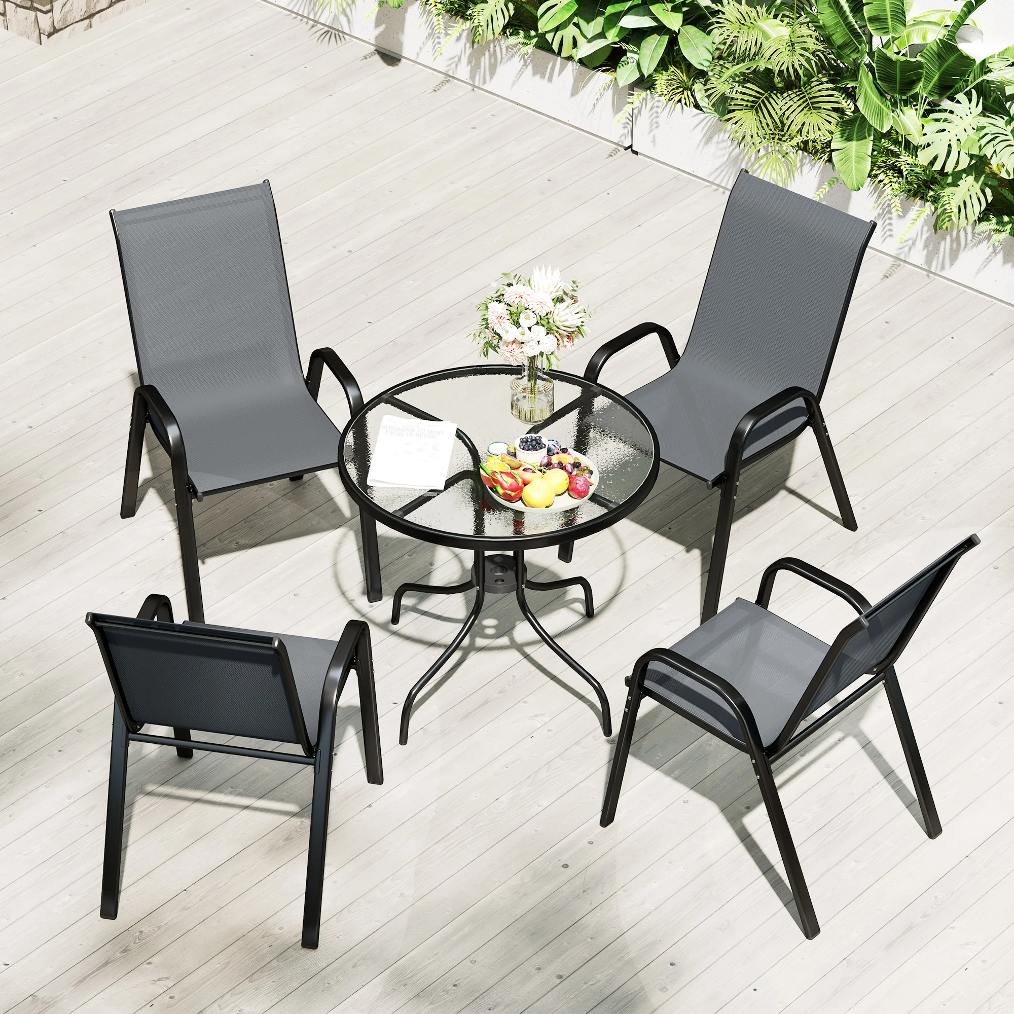 Outsunny 5 PCs Garden Furniture Set, Round Table And Stackable Chairs, Grey - Image 17