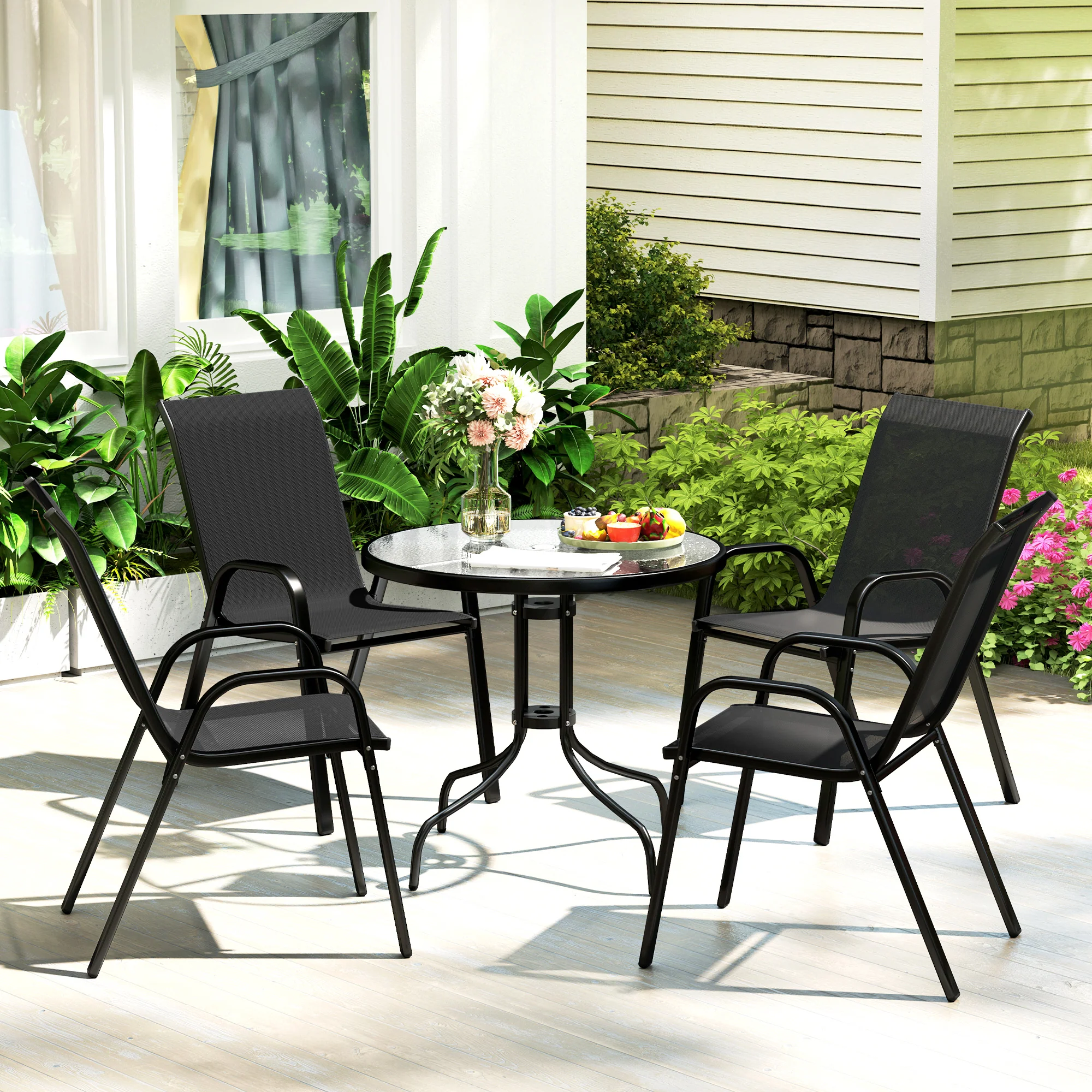 Outsunny 5 PCs Garden Furniture Set, Round Table And Stackable Chairs, Grey - Image 2