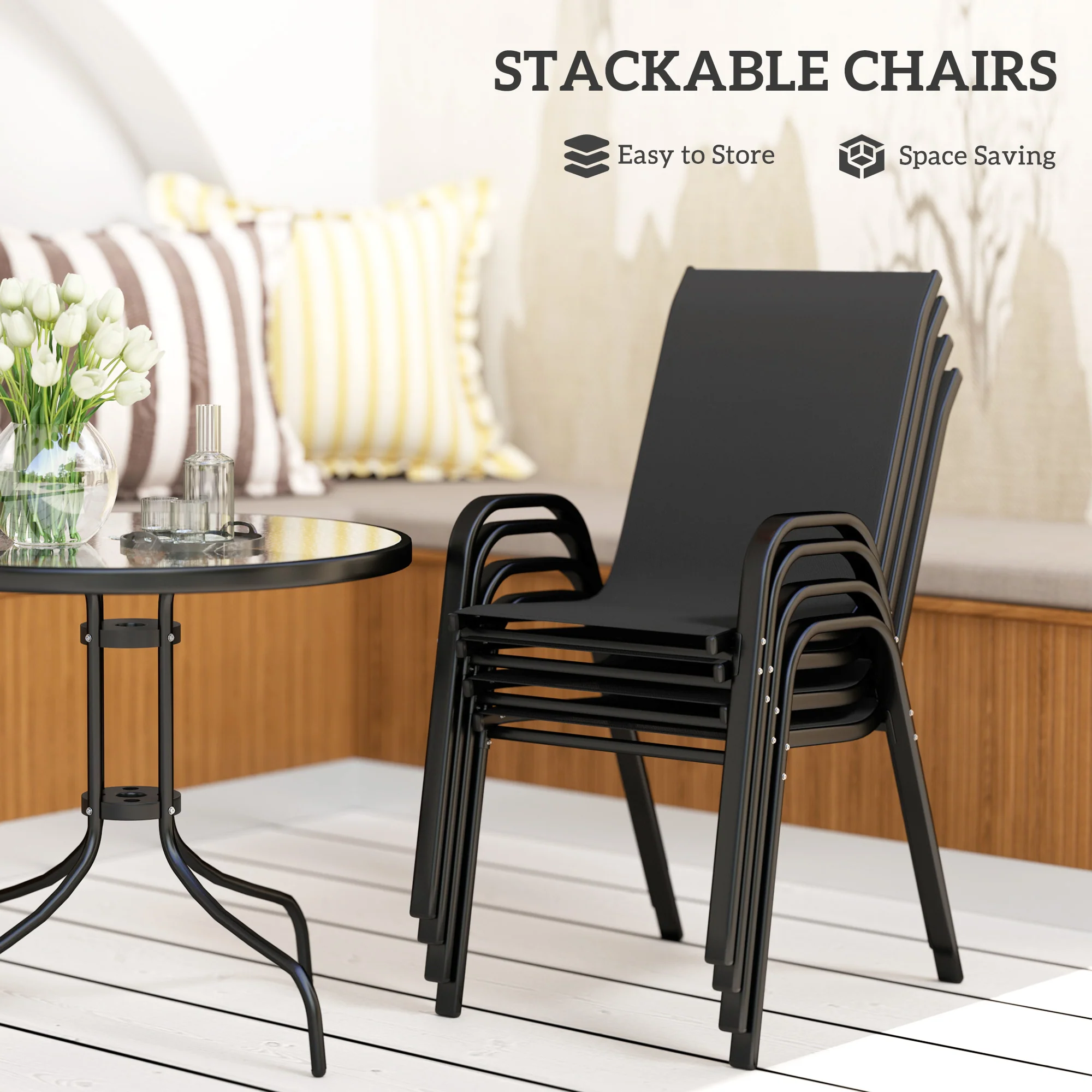 Outsunny 5 PCs Garden Furniture Set, Round Table And Stackable Chairs, Grey - Image 3