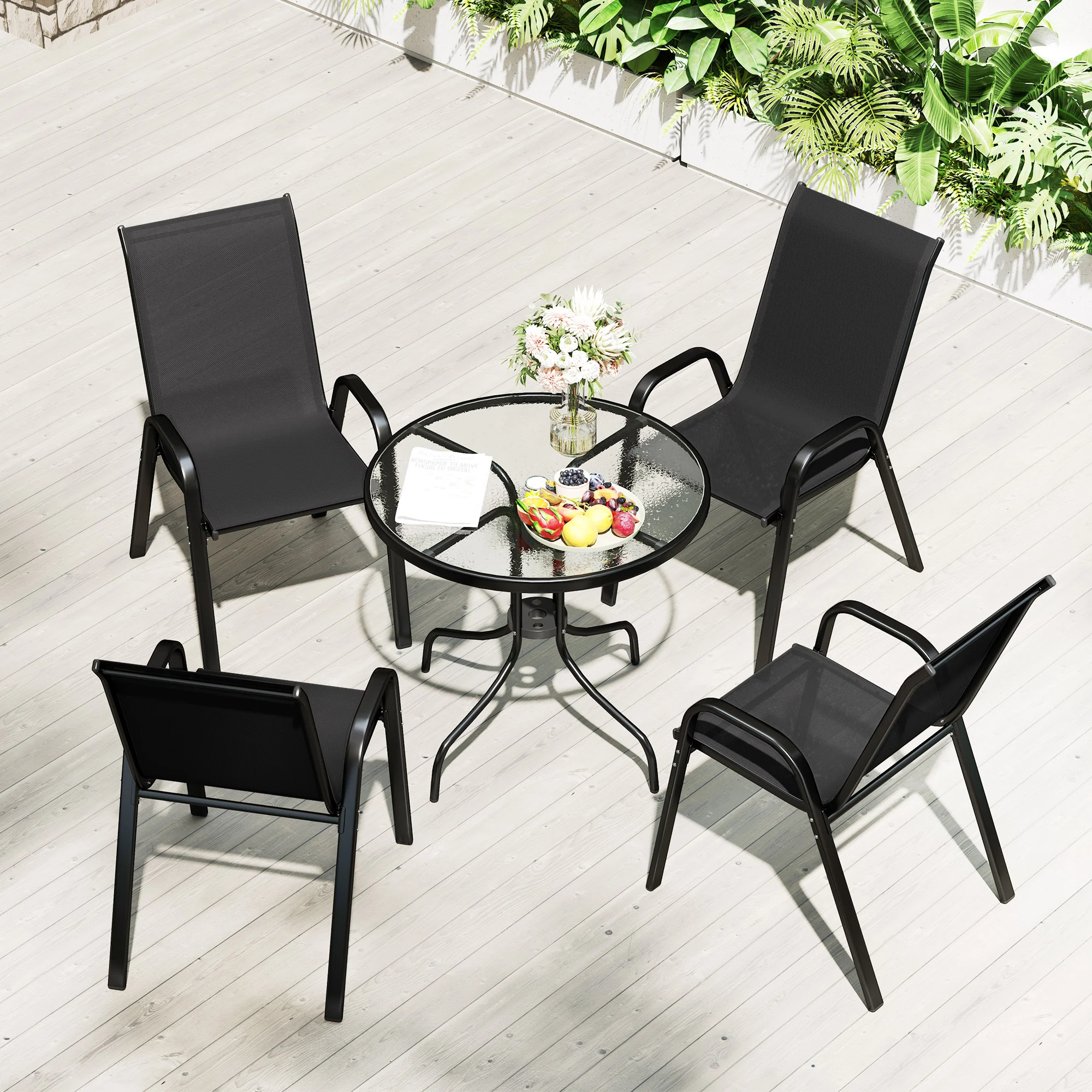 Outsunny 5 PCs Garden Furniture Set, Round Table And Stackable Chairs, Grey - Image 8