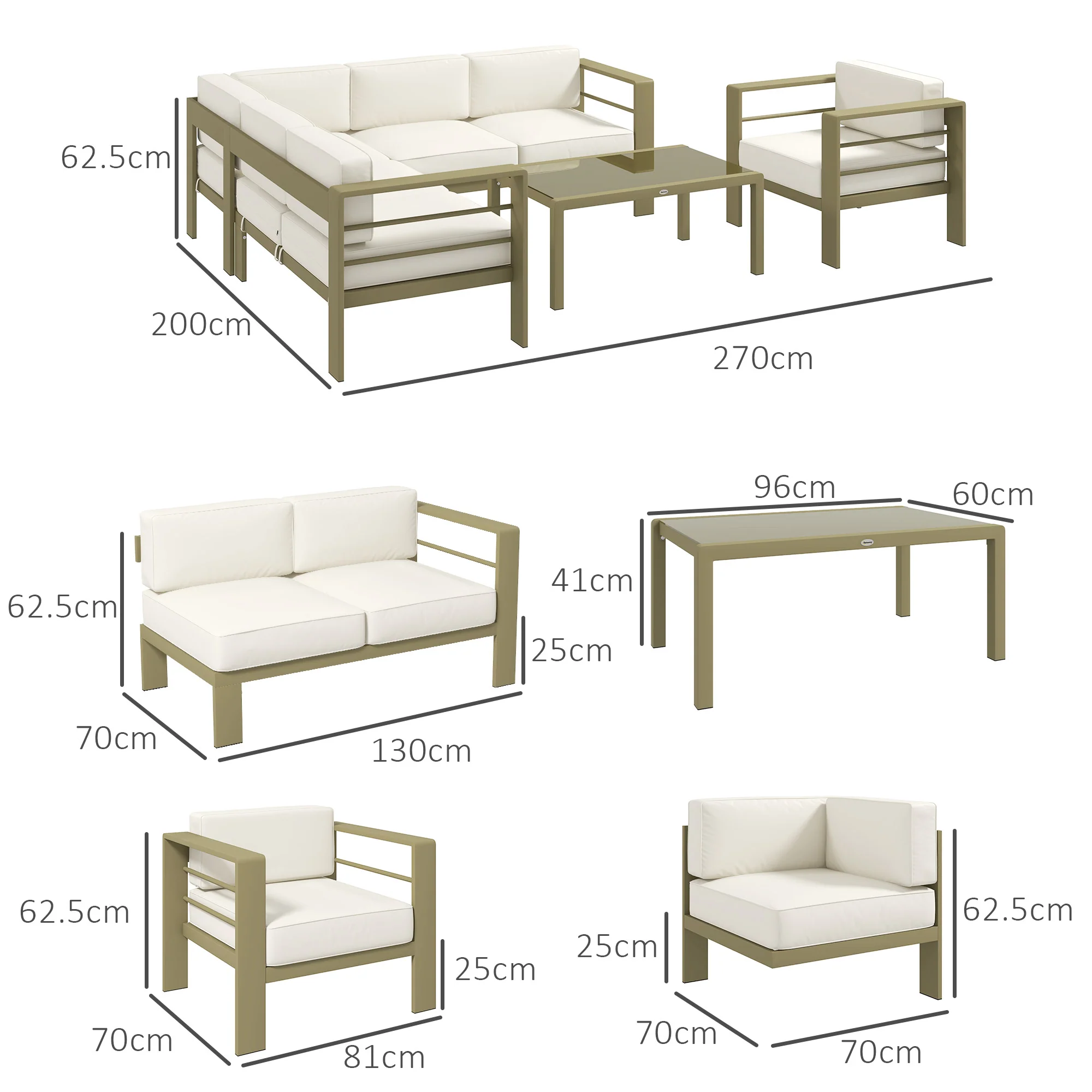 Outsunny 5 PCs Garden Sofa Set w/ Cushions, Aluminium Furniture Sets, Gold - Image 5