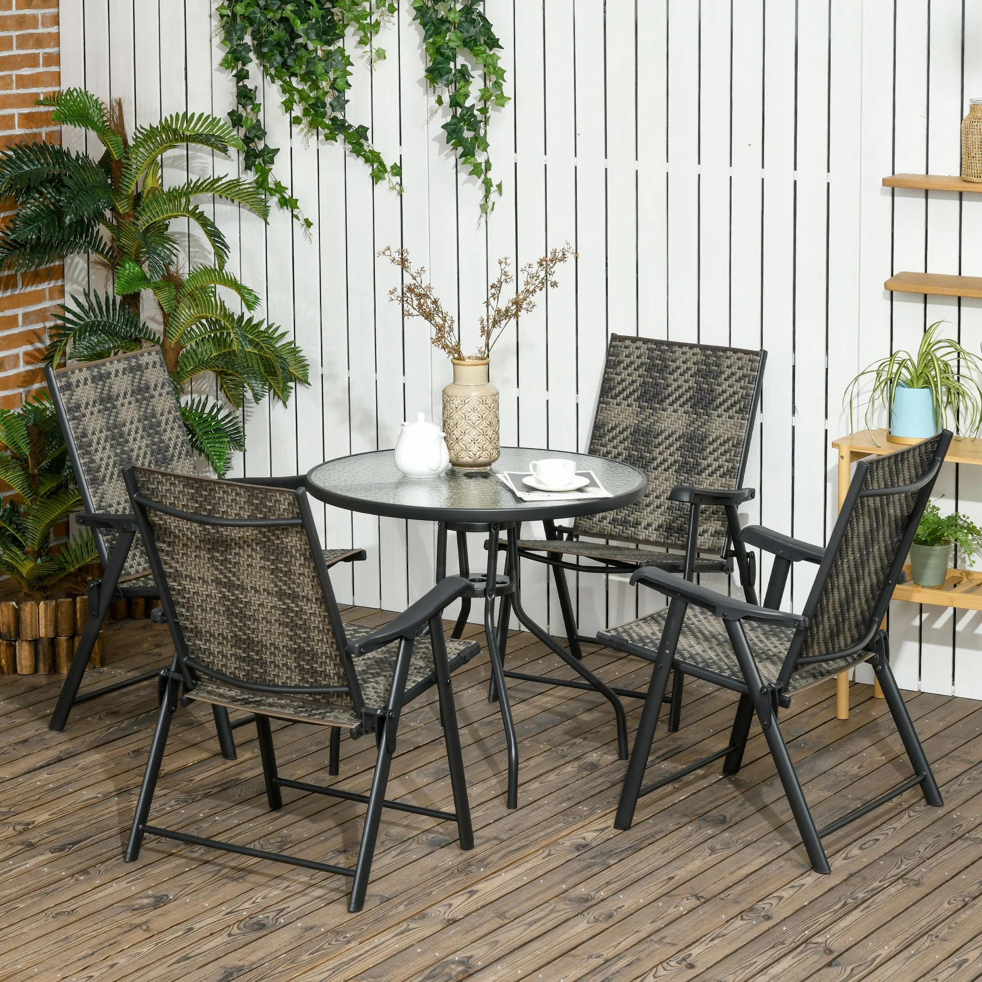 Outsunny 5 PCs Rattan Dining Sets w/ Umbrella Hole Table & Folding Armchair - Image 2