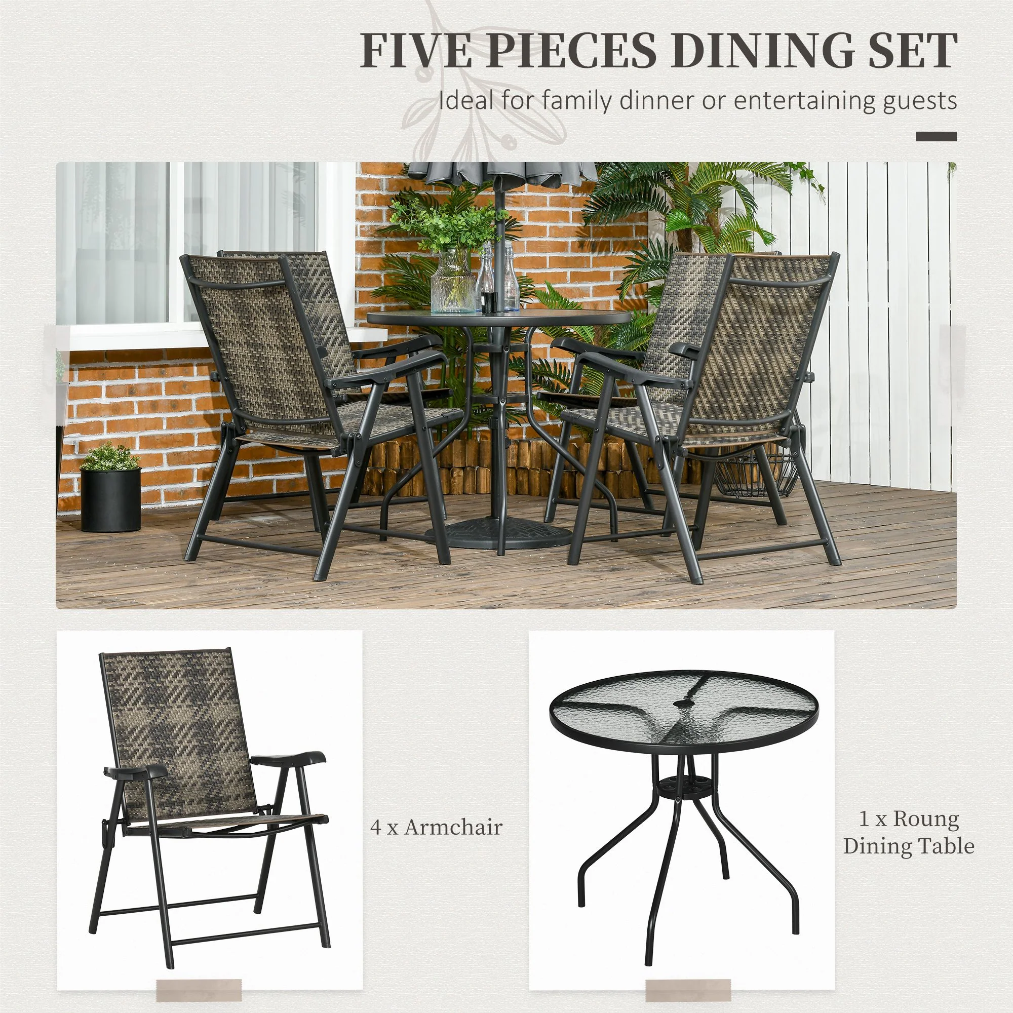 Outsunny 5 PCs Rattan Dining Sets w/ Umbrella Hole Table & Folding Armchair - Image 3