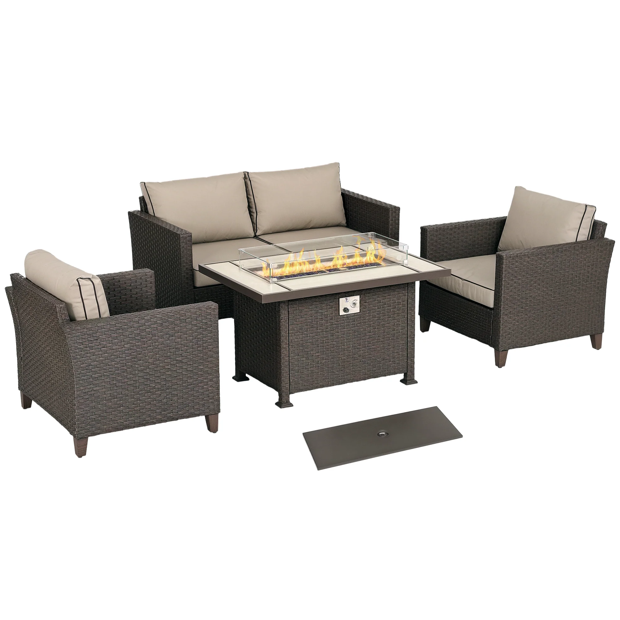 Outsunny 5 PCs Rattan Garden Furniture Set With Gas Fire Pit Table, Grey - Image 10