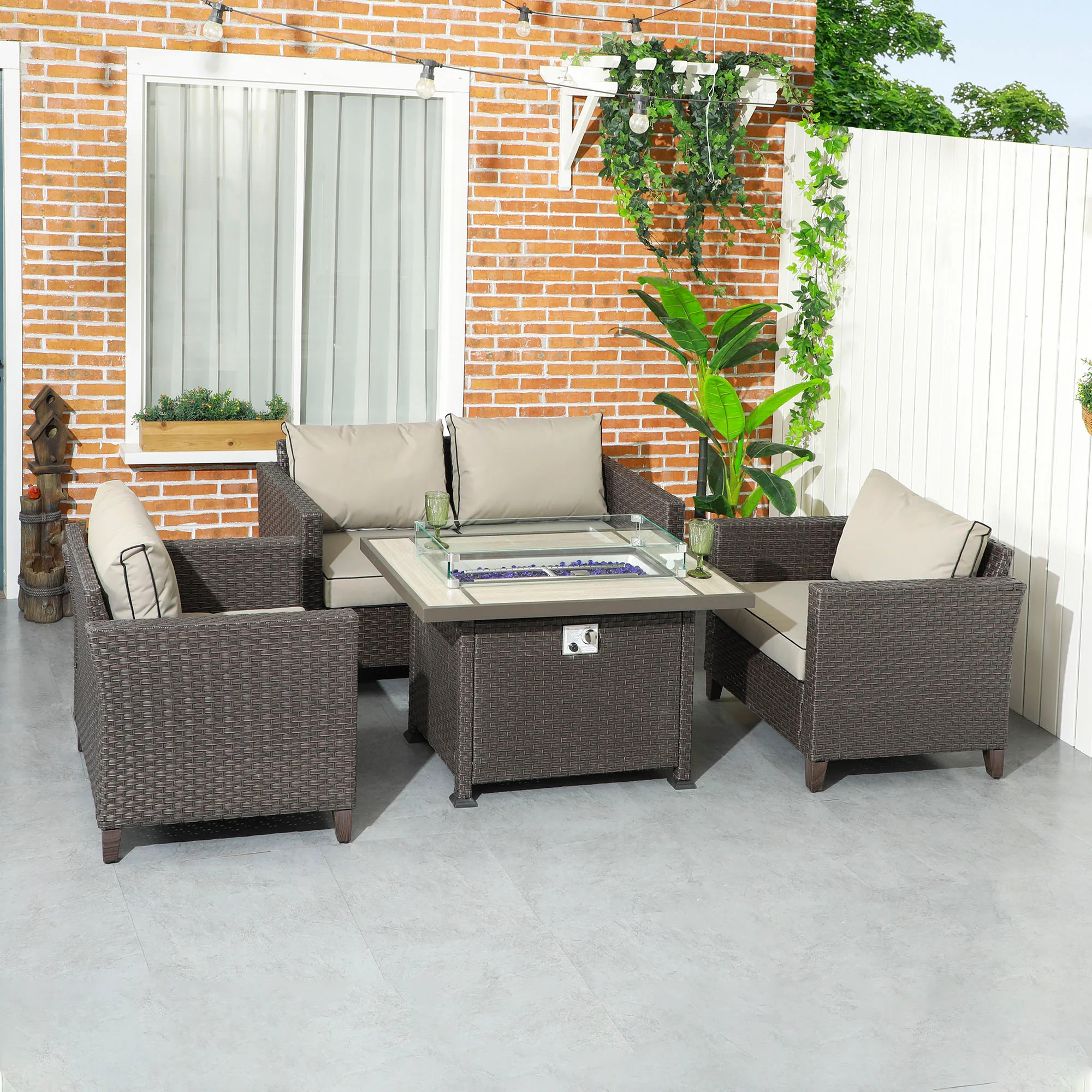 Outsunny 5 PCs Rattan Garden Furniture Set With Gas Fire Pit Table, Grey - Image 11