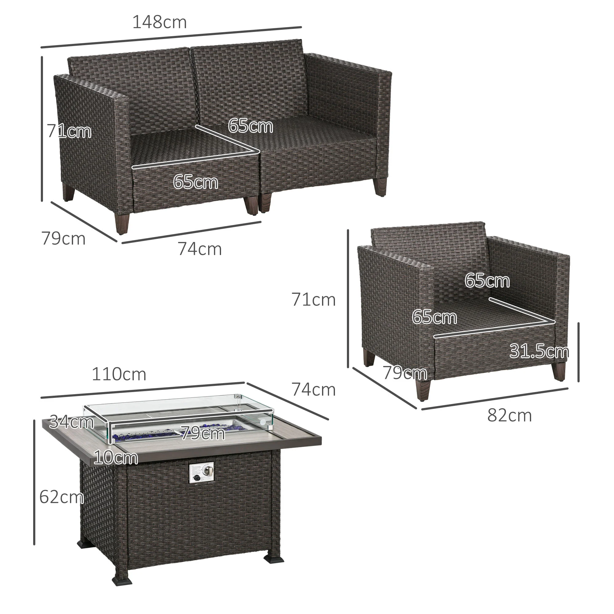 Outsunny 5 PCs Rattan Garden Furniture Set With Gas Fire Pit Table, Grey - Image 14