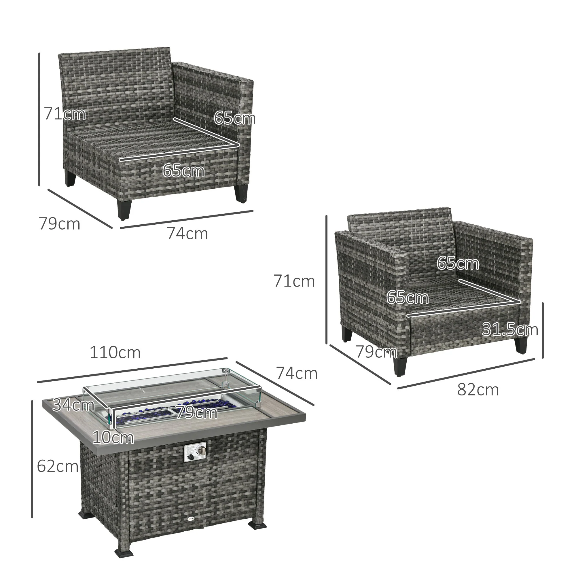 Outsunny 5 PCs Rattan Garden Furniture Set With Gas Fire Pit Table, Grey - Image 5