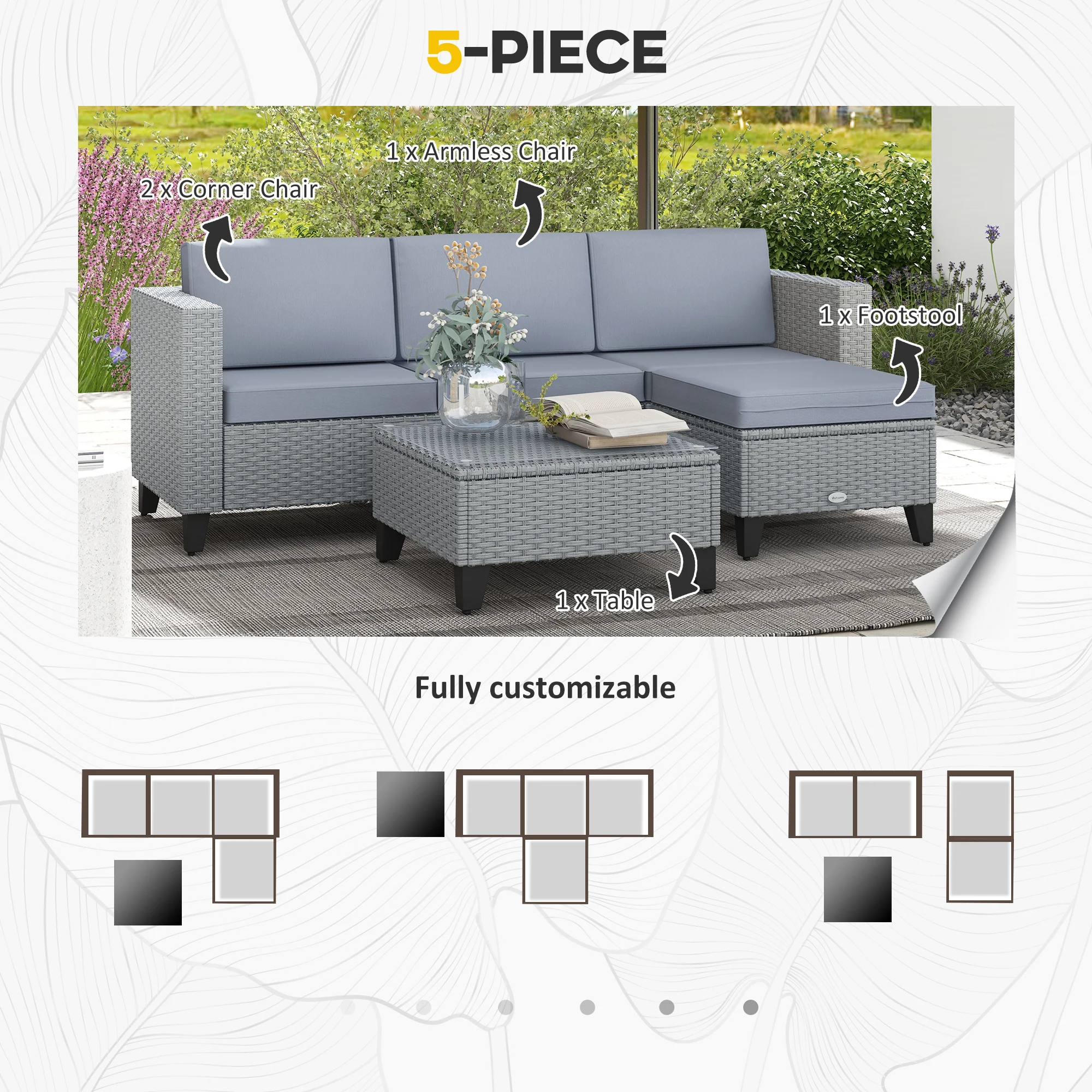 Outsunny 5 PCs Rattan Garden Furniture Set with Glass Coffee Table - Image 12