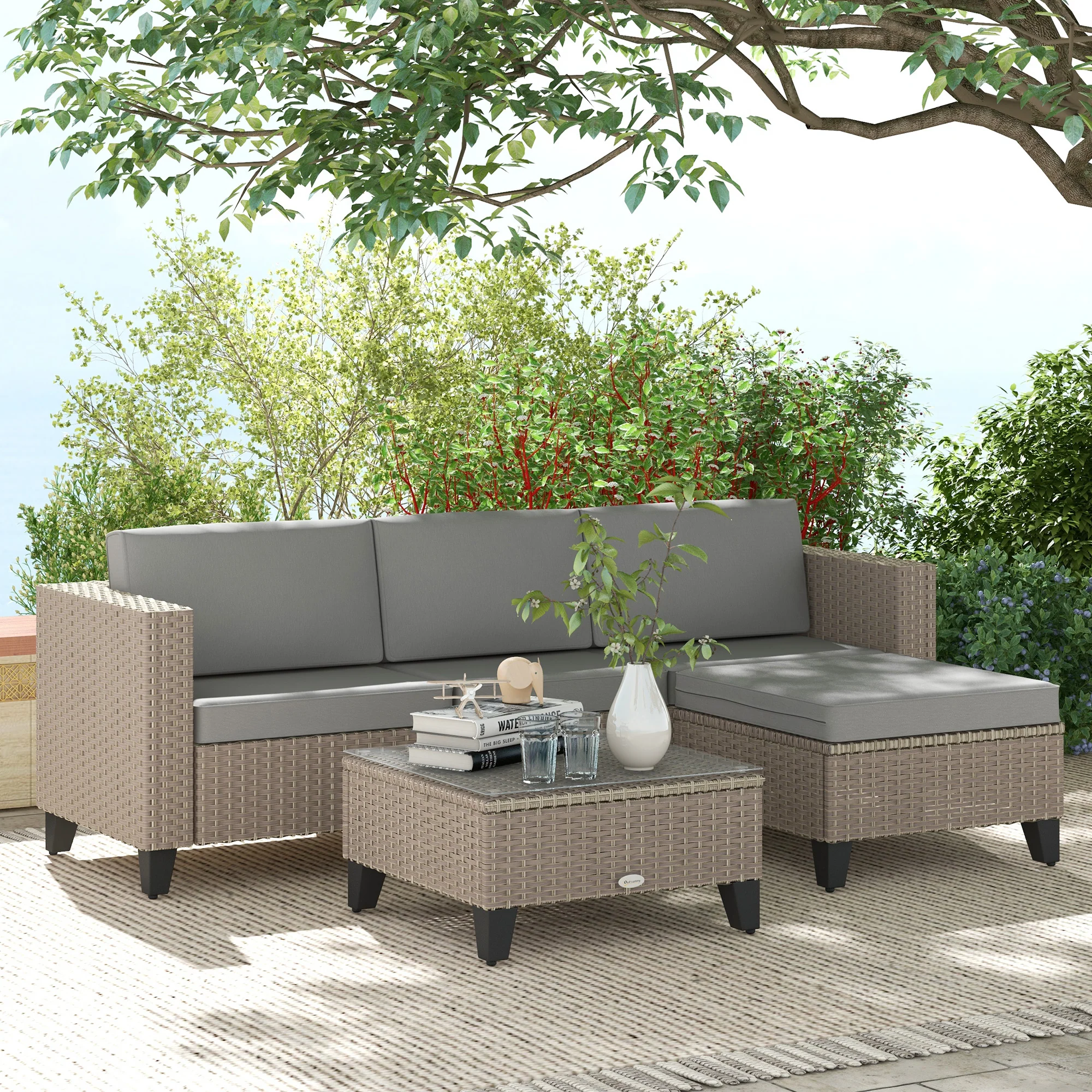 Outsunny 5 PCs Rattan Garden Furniture Set with Glass Coffee Table - Image 2