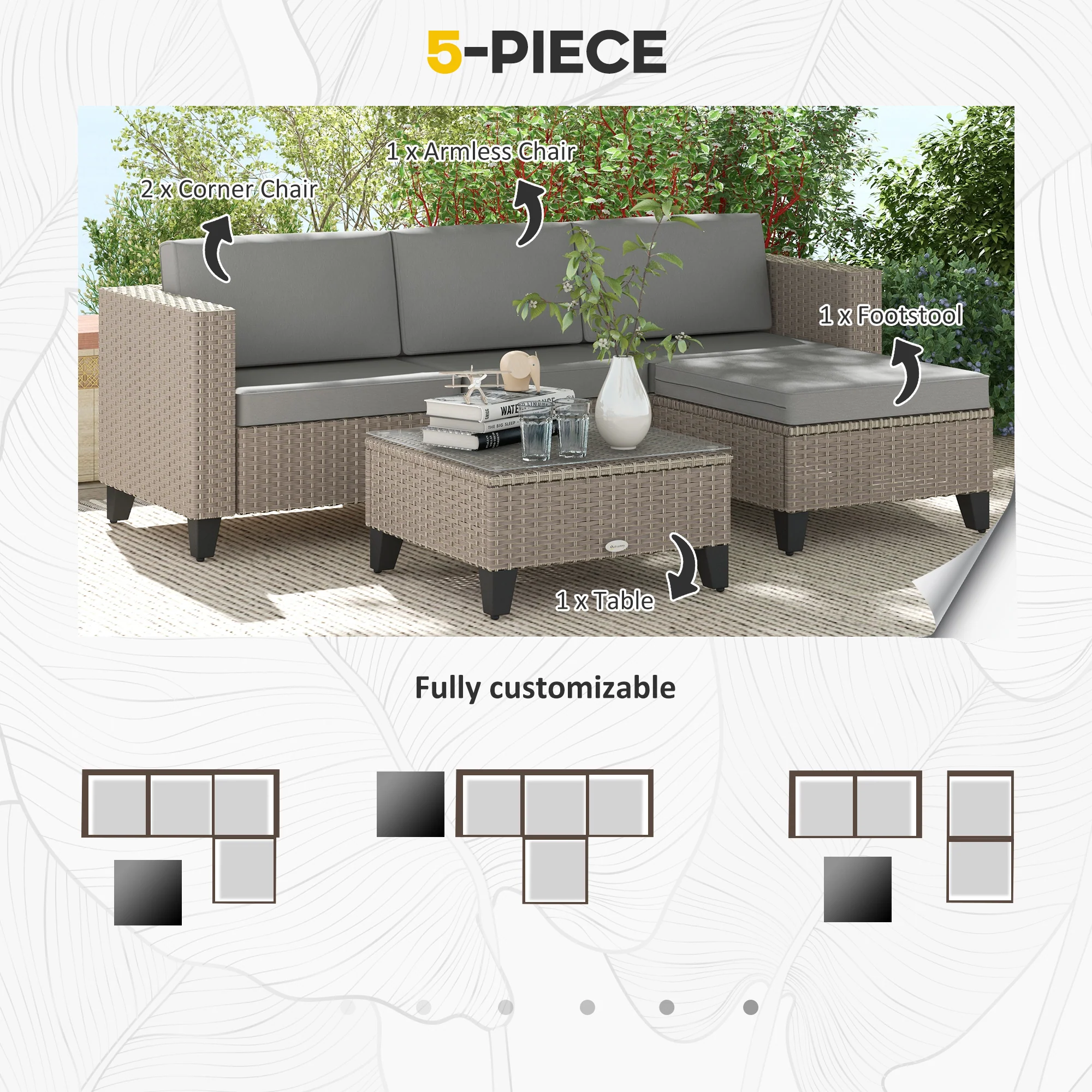 Outsunny 5 PCs Rattan Garden Furniture Set with Glass Coffee Table - Image 3