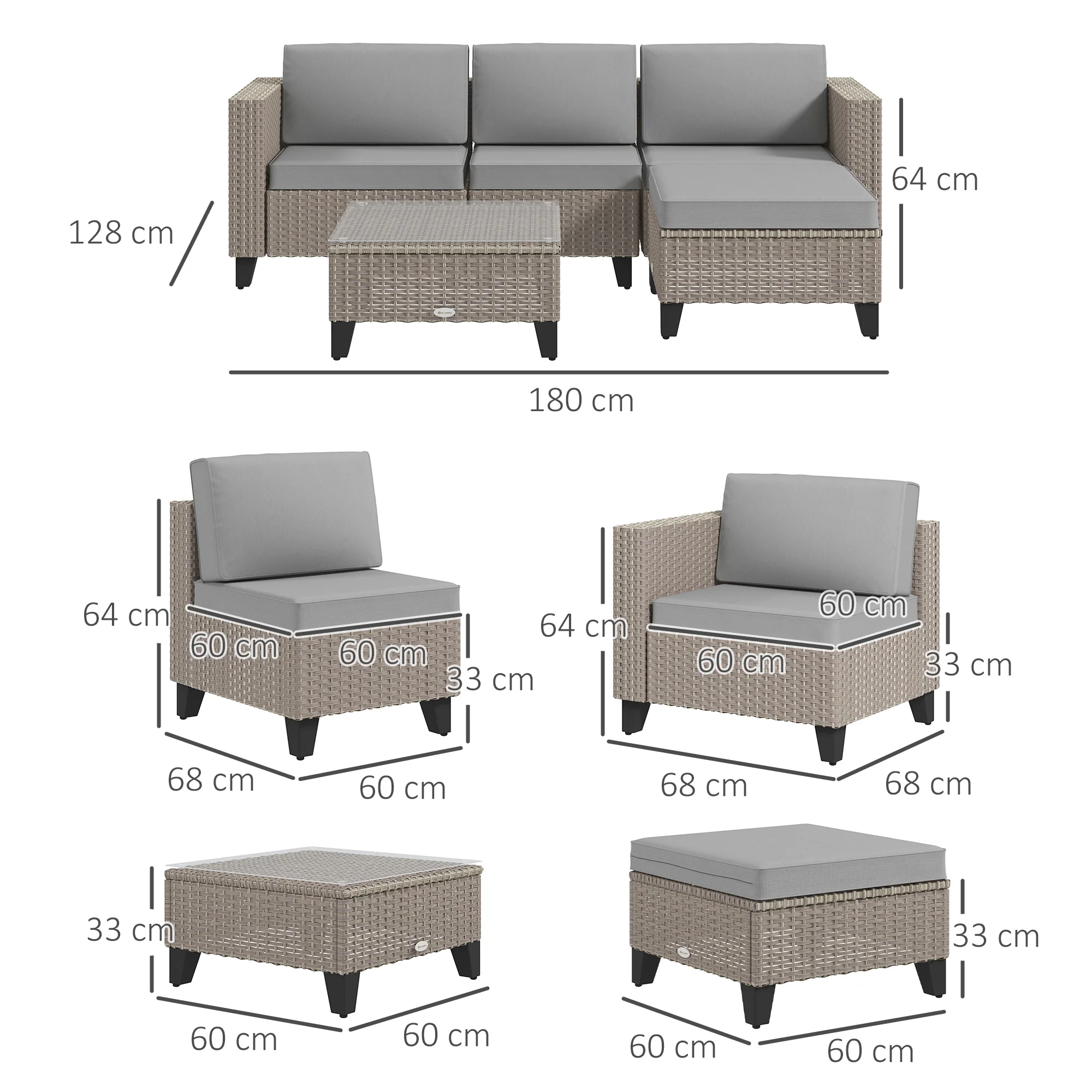 Outsunny 5 PCs Rattan Garden Furniture Set with Glass Coffee Table - Image 5