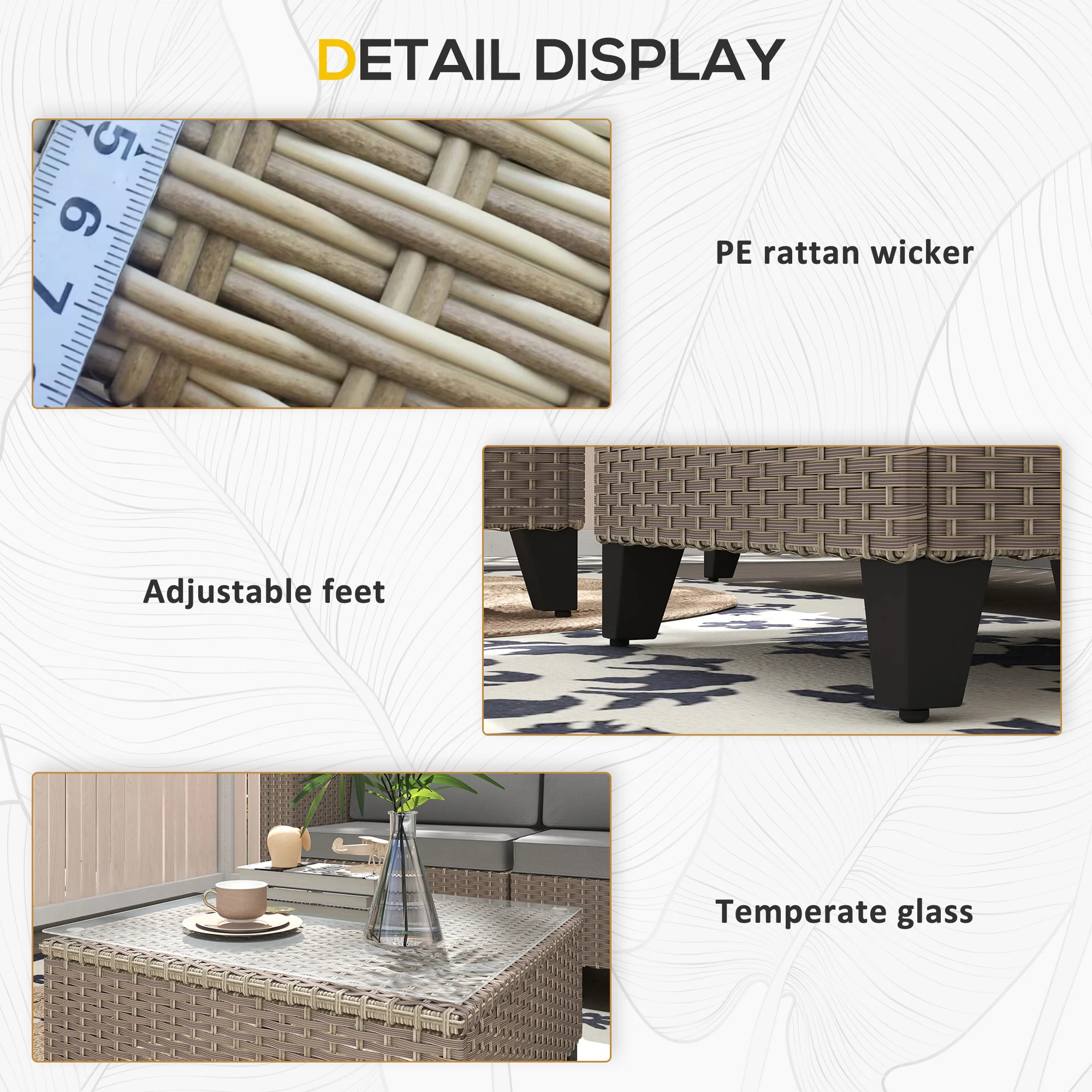 Outsunny 5 PCs Rattan Garden Furniture Set with Glass Coffee Table - Image 8