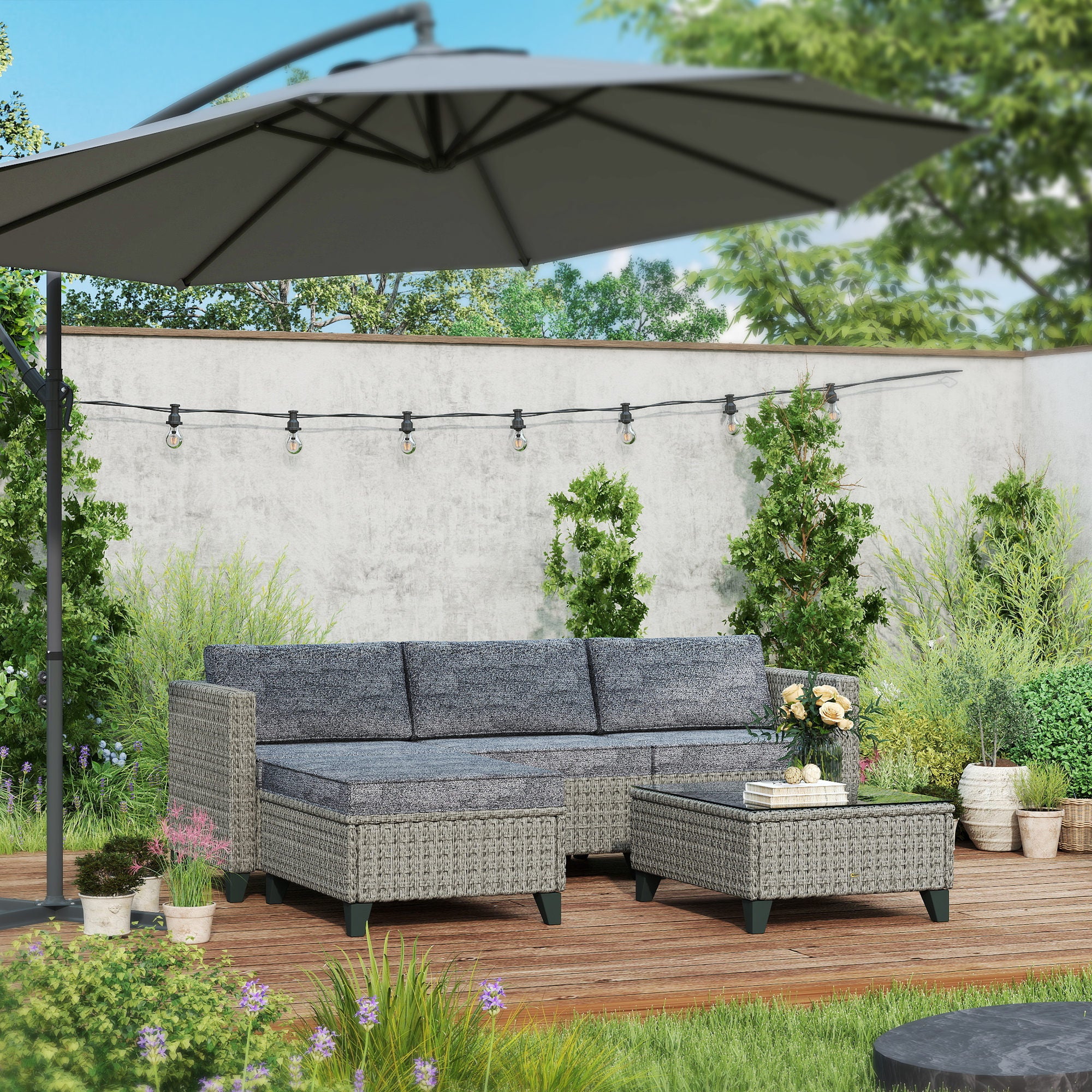 Outsunny 5 PCs Rattan Garden Furniture Set With Glass Coffee Table Dark Grey - Image 2