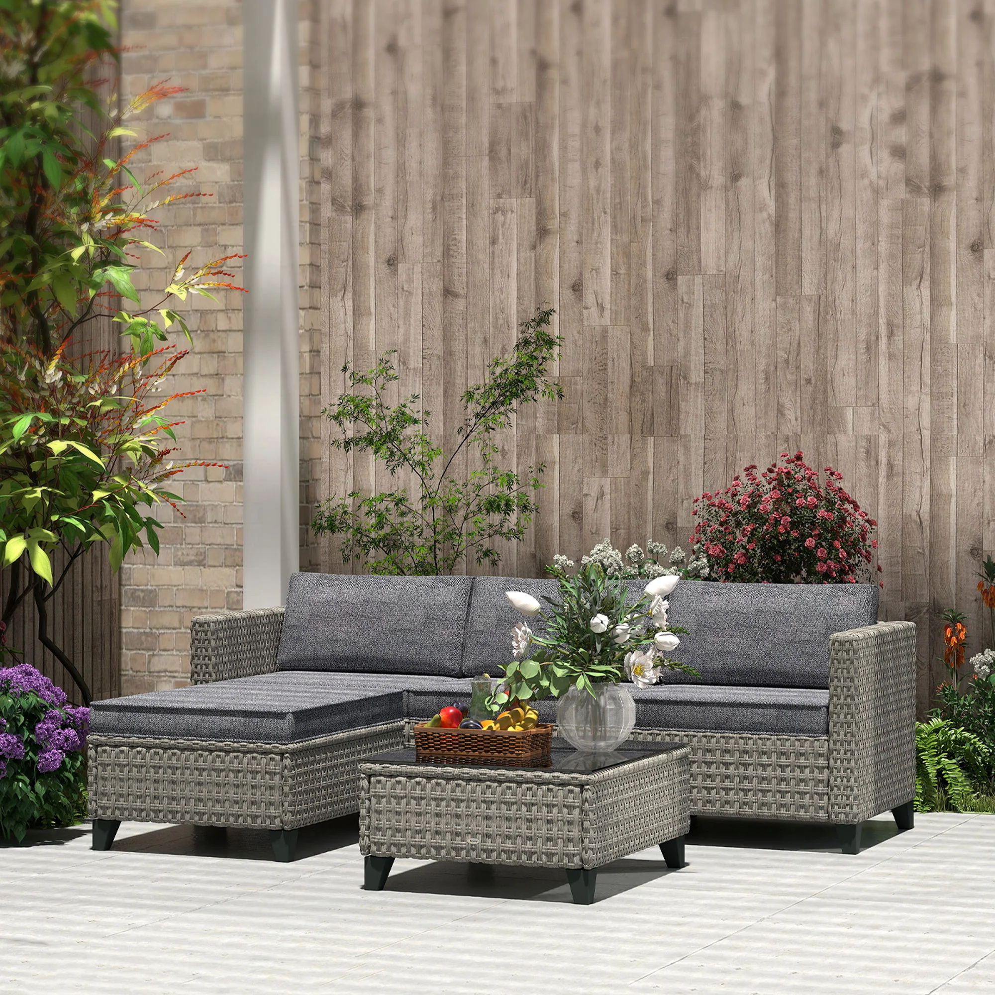 Outsunny 5 PCs Rattan Garden Furniture Set With Glass Coffee Table Dark Grey - Image 9