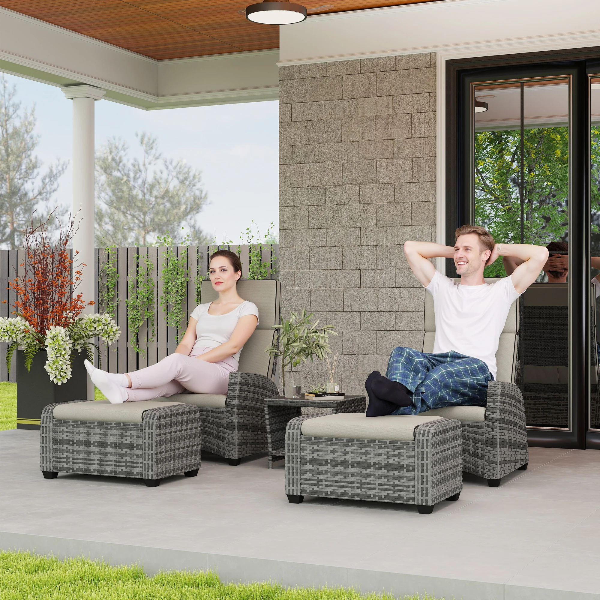 Outsunny 5 PCs Rattan Garden Furniture Set with Reclining Chairs, Grey - Image 2