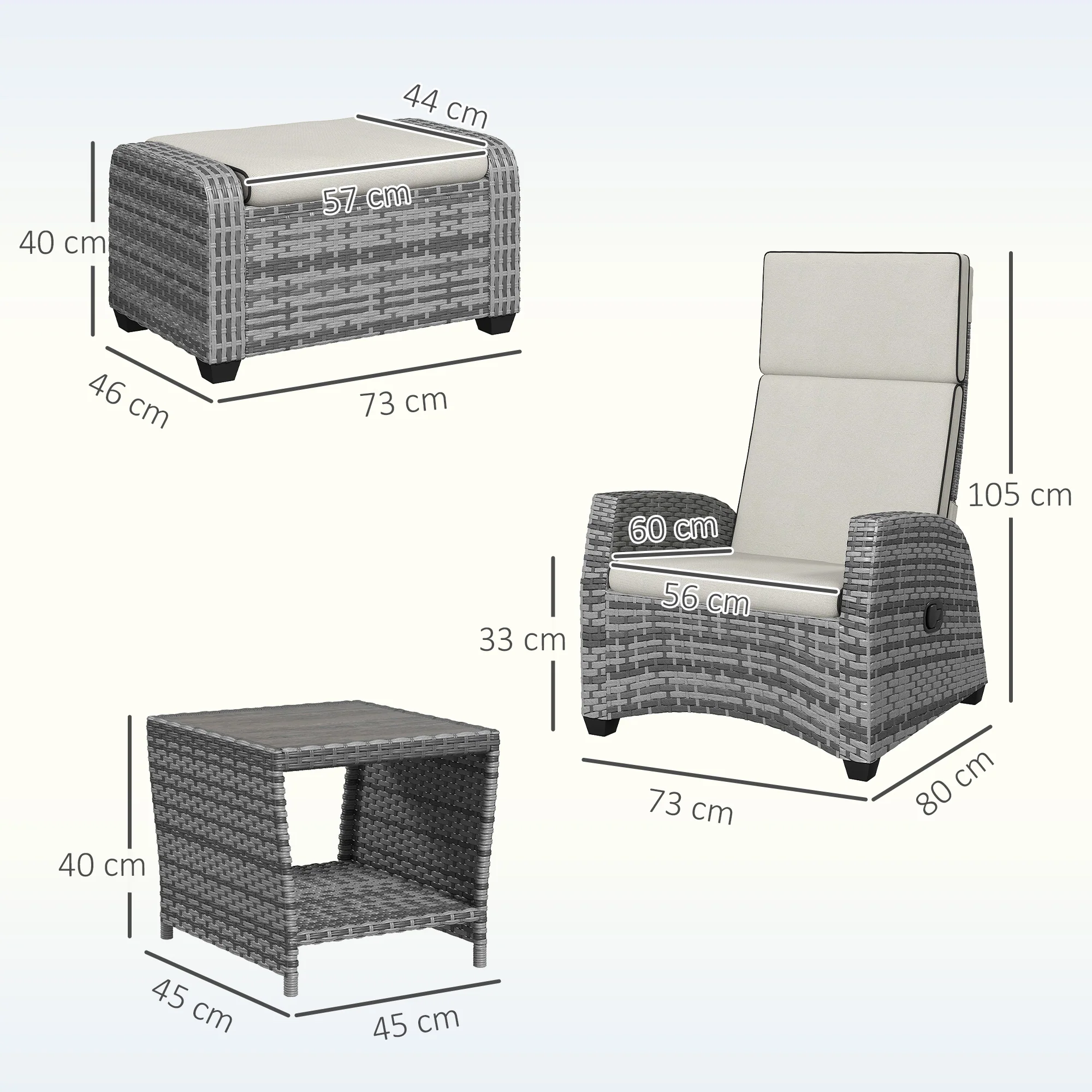 Outsunny 5 PCs Rattan Garden Furniture Set with Reclining Chairs, Grey - Image 5