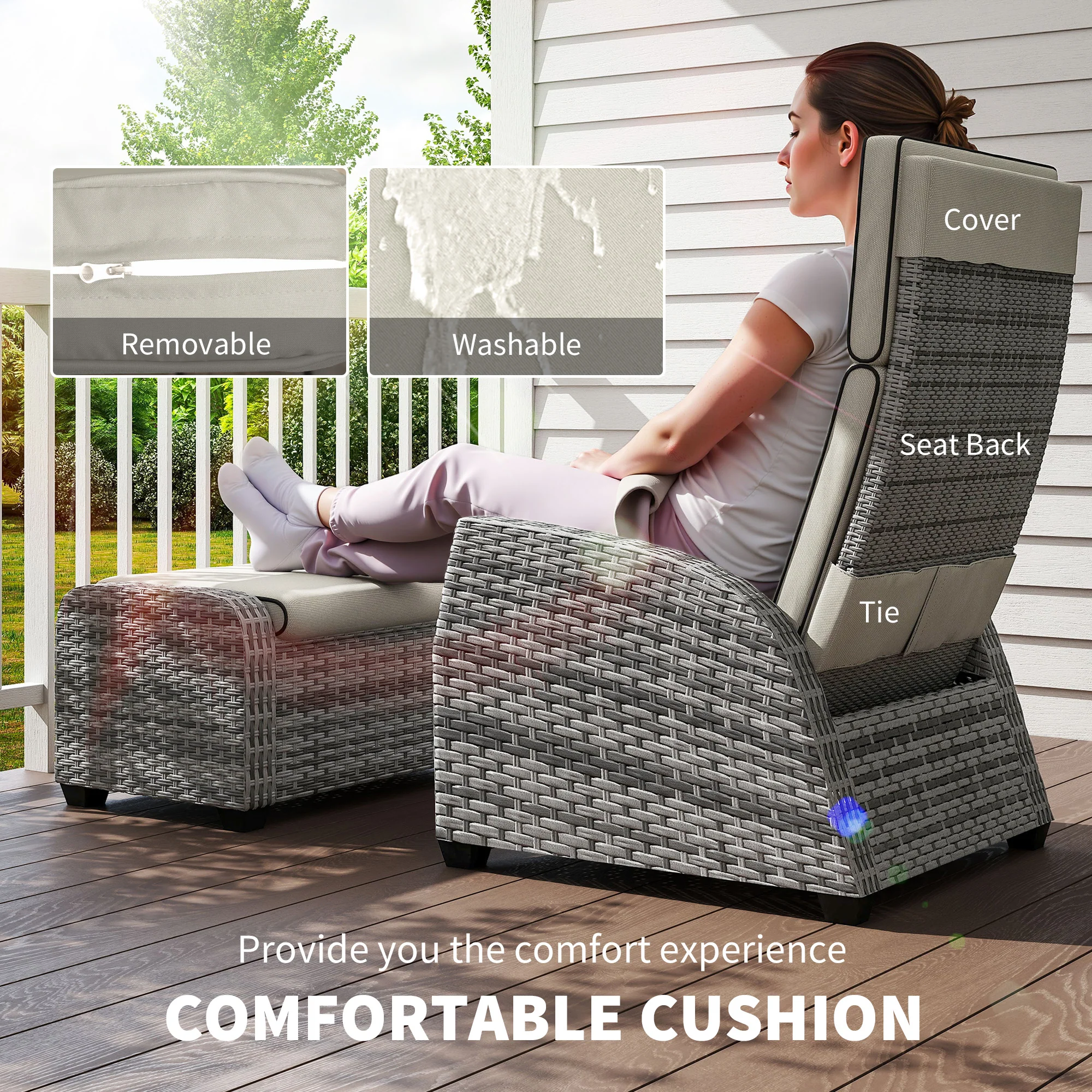 Outsunny 5 PCs Rattan Garden Furniture Set with Reclining Chairs, Grey - Image 6