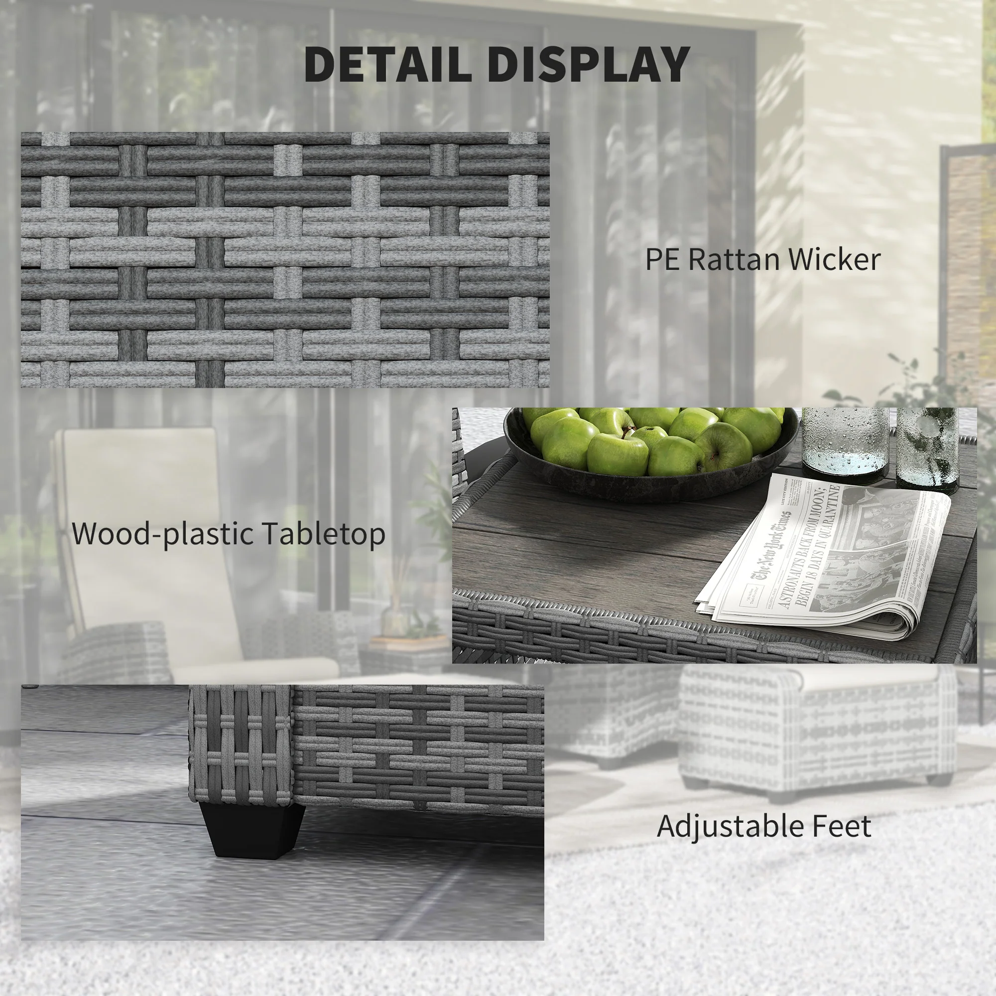 Outsunny 5 PCs Rattan Garden Furniture Set with Reclining Chairs, Grey - Image 7