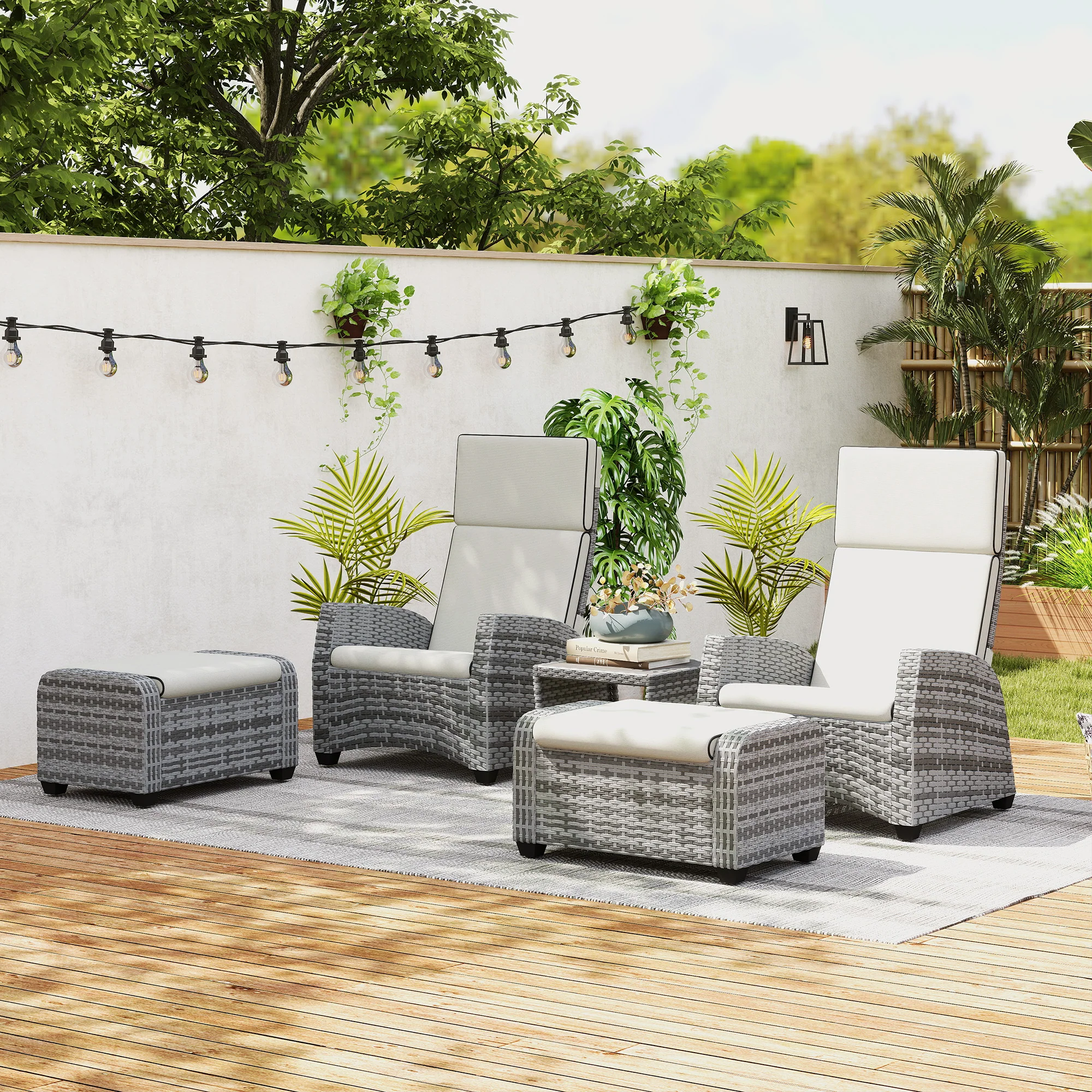 Outsunny 5 PCs Rattan Garden Furniture Set with Reclining Chairs, Grey - Image 9
