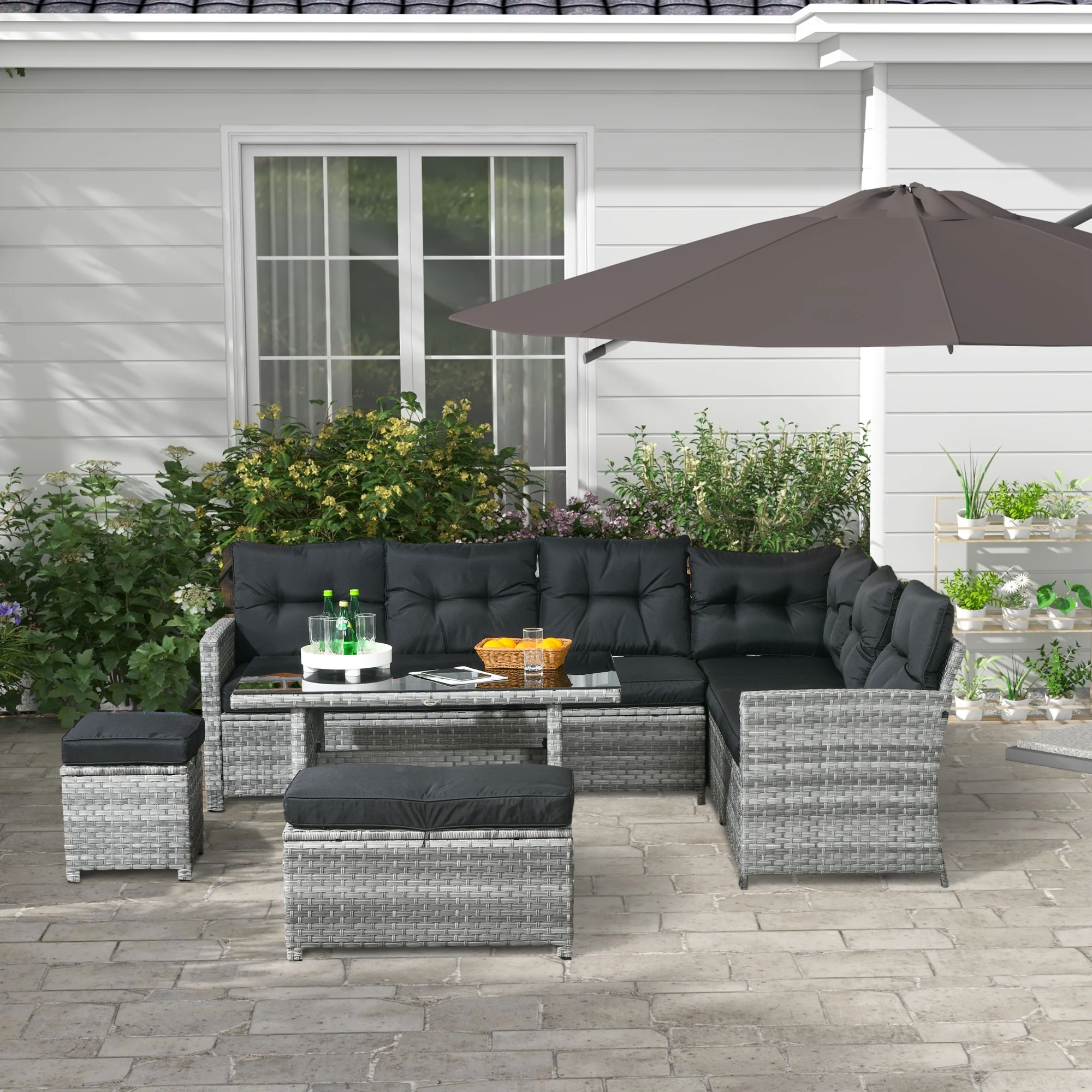 Outsunny 5 PCs Rattan Garden Furniture Set with Stools, Table, Cushion, Grey - Image 2