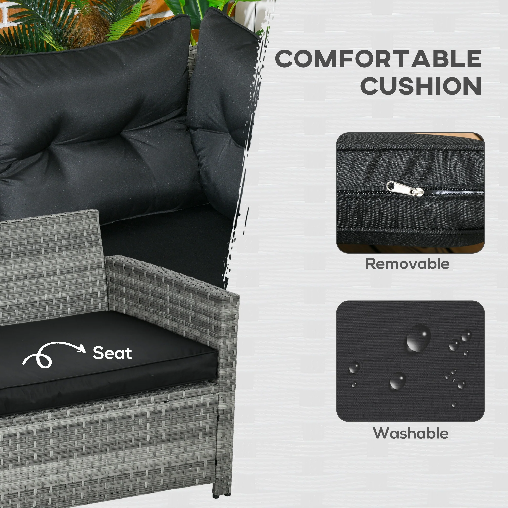 Outsunny 5 PCs Rattan Garden Furniture Set with Stools, Table, Cushion, Grey - Image 4