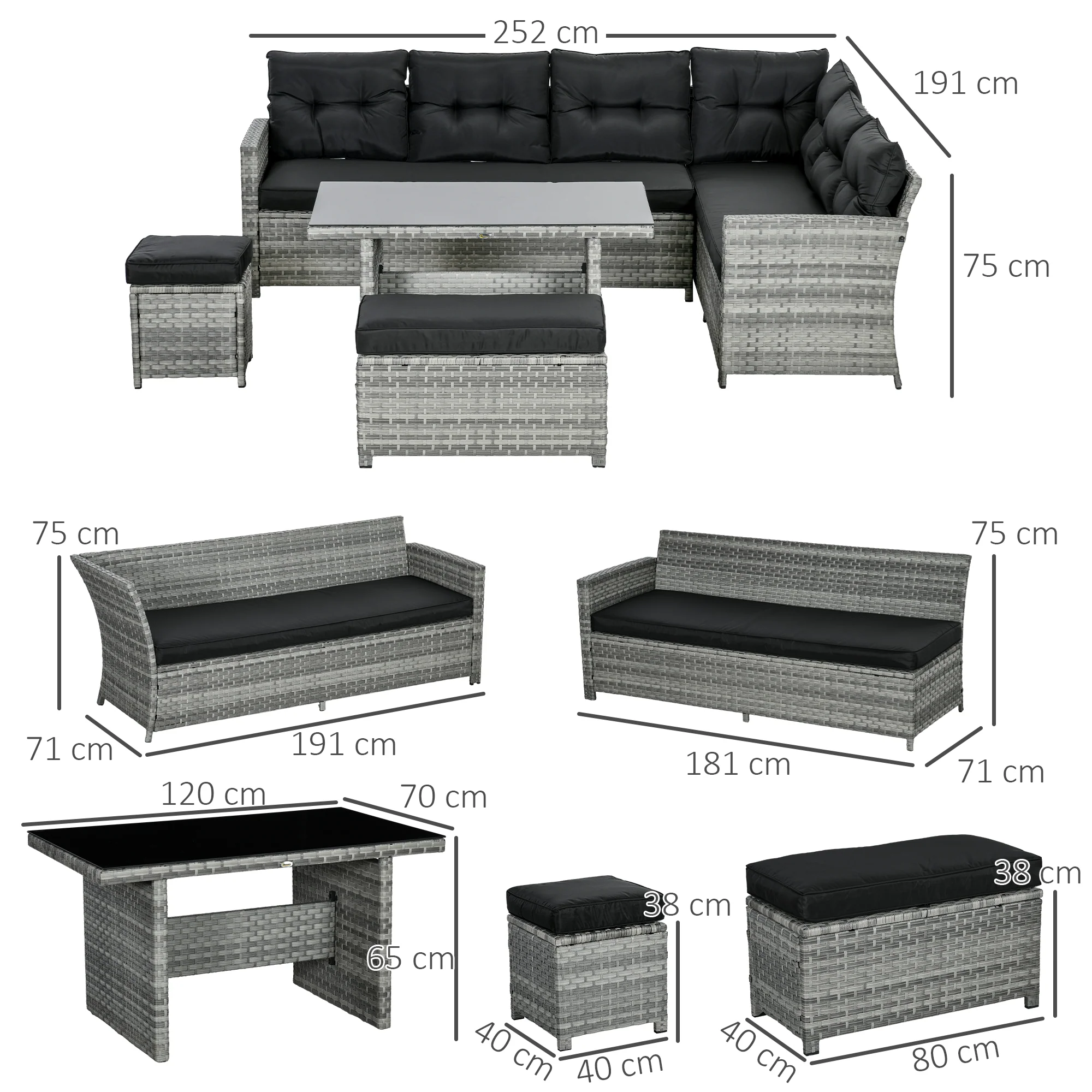 Outsunny 5 PCs Rattan Garden Furniture Set with Stools, Table, Cushion, Grey - Image 5