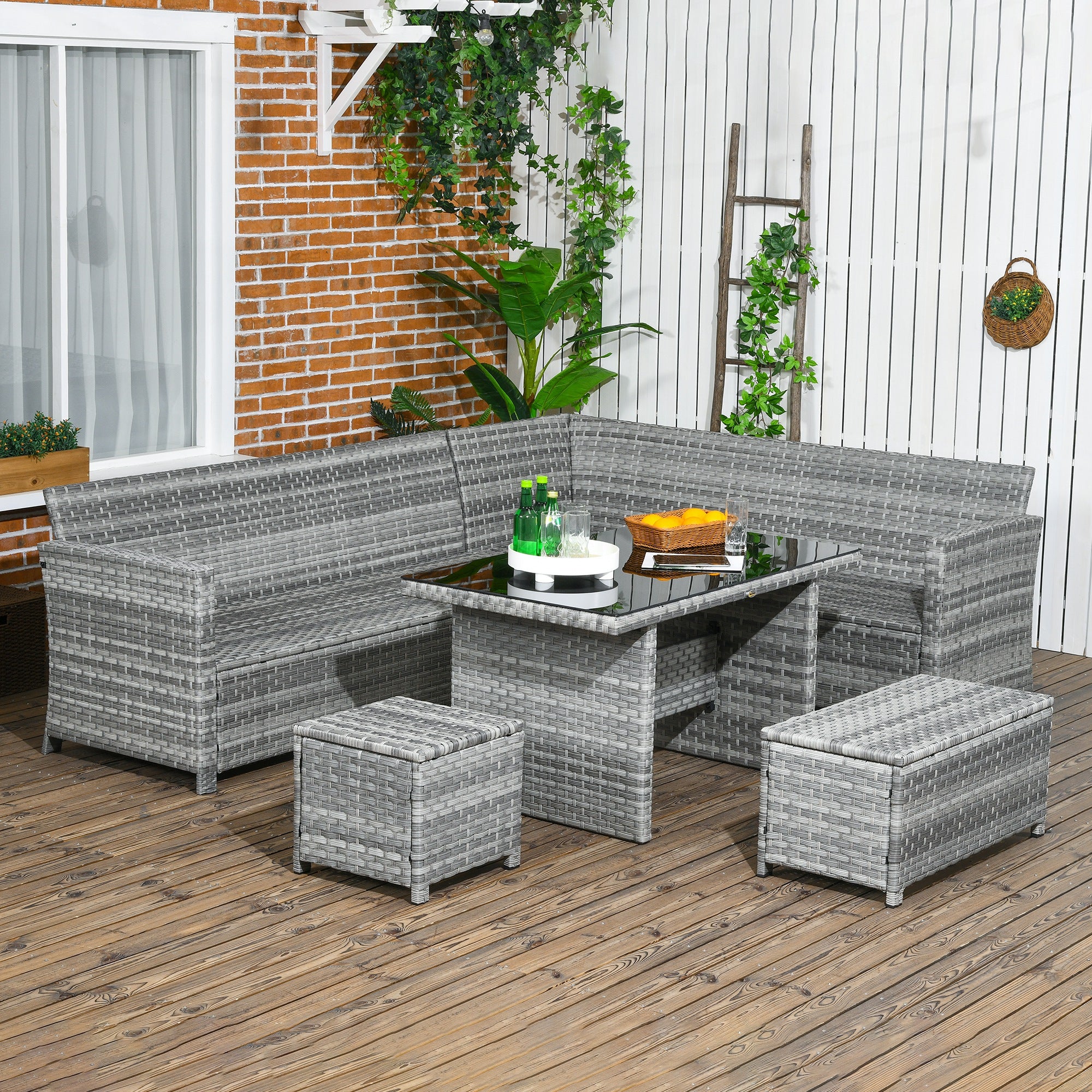Outsunny 5 PCs Rattan Garden Furniture Set with Stools, Table, Cushion, Grey - Image 8