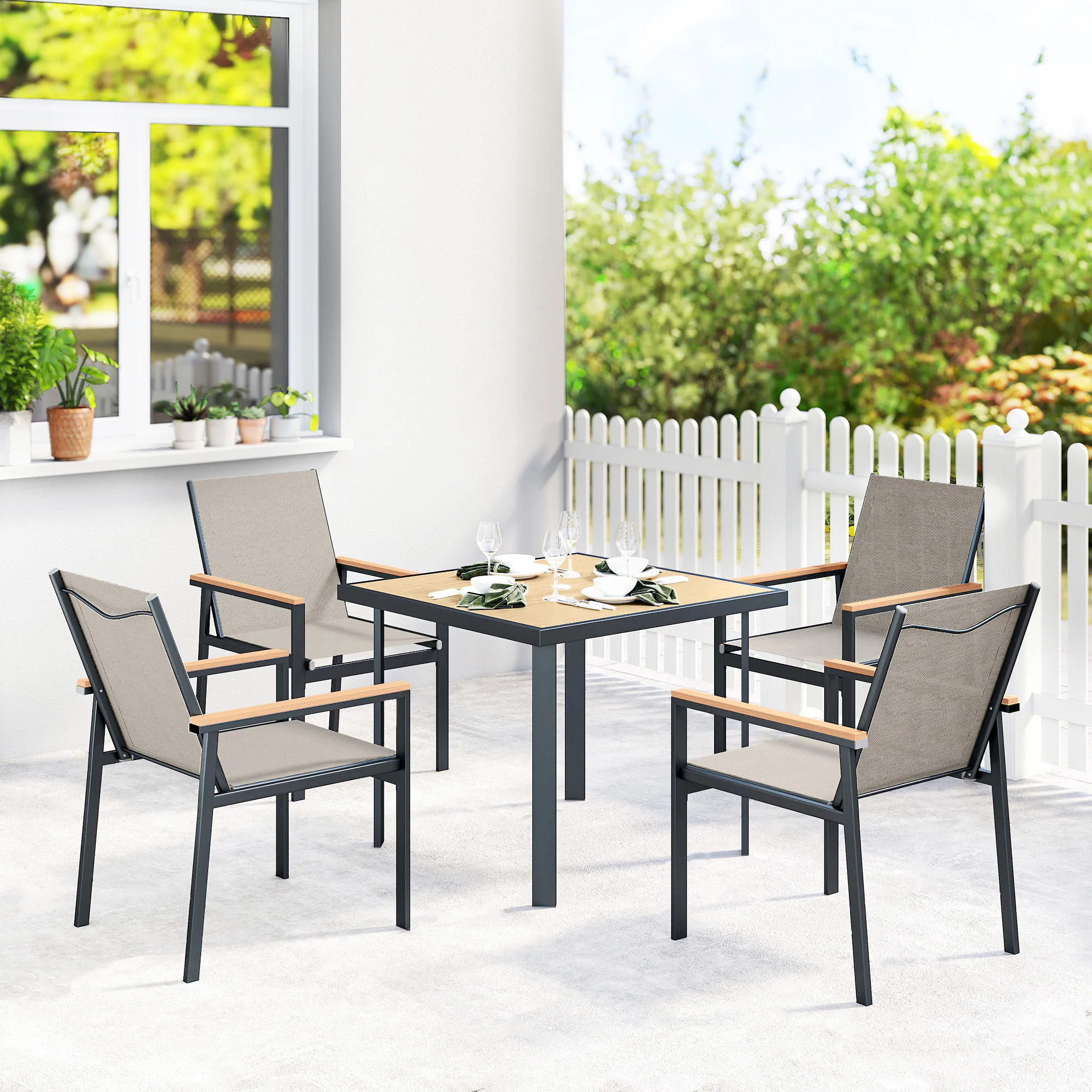 Outsunny 5 Piece Garden Dining Set, Outdoor Table and 4 Chairs, Khaki - Image 2