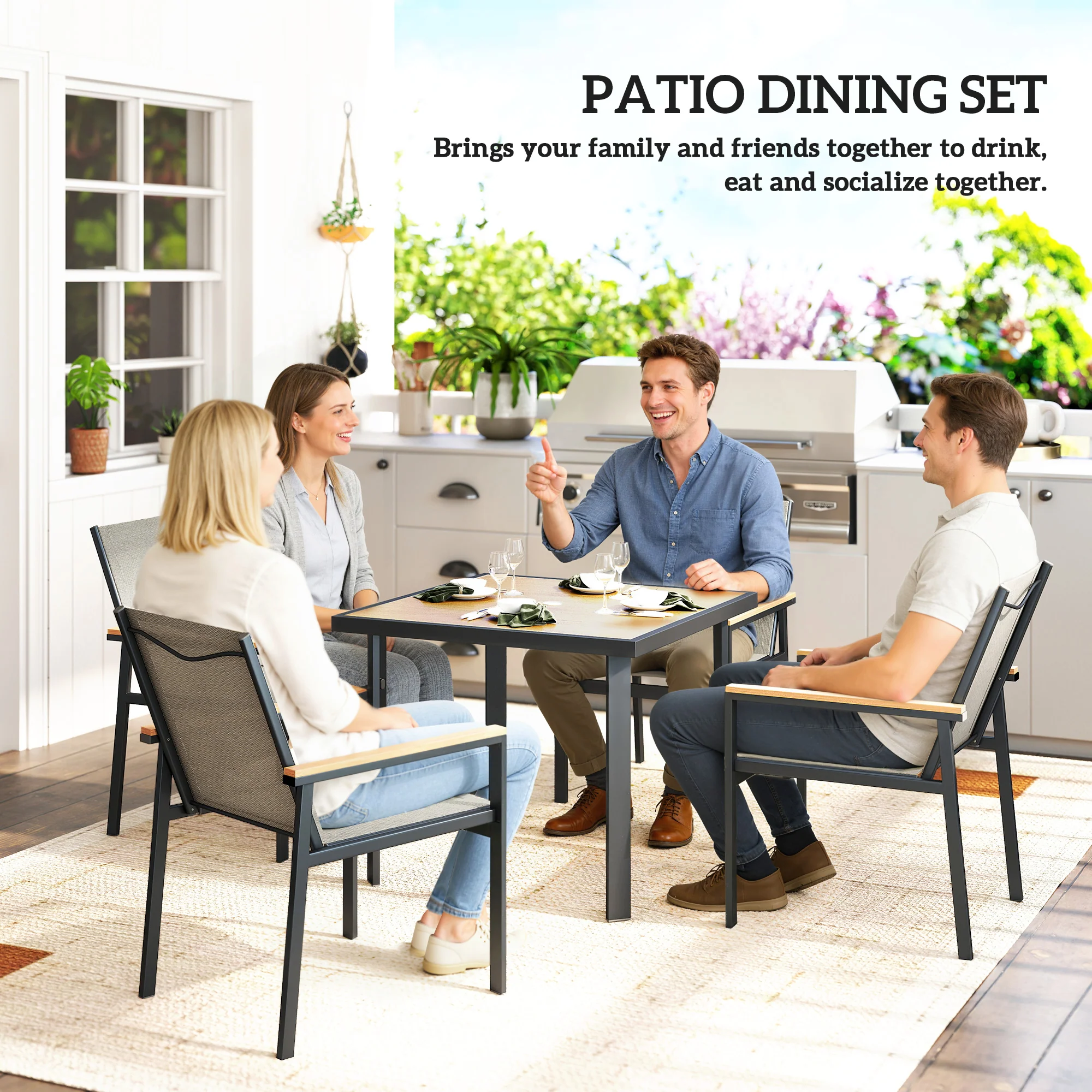 Outsunny 5 Piece Garden Dining Set, Outdoor Table and 4 Chairs, Khaki - Image 6