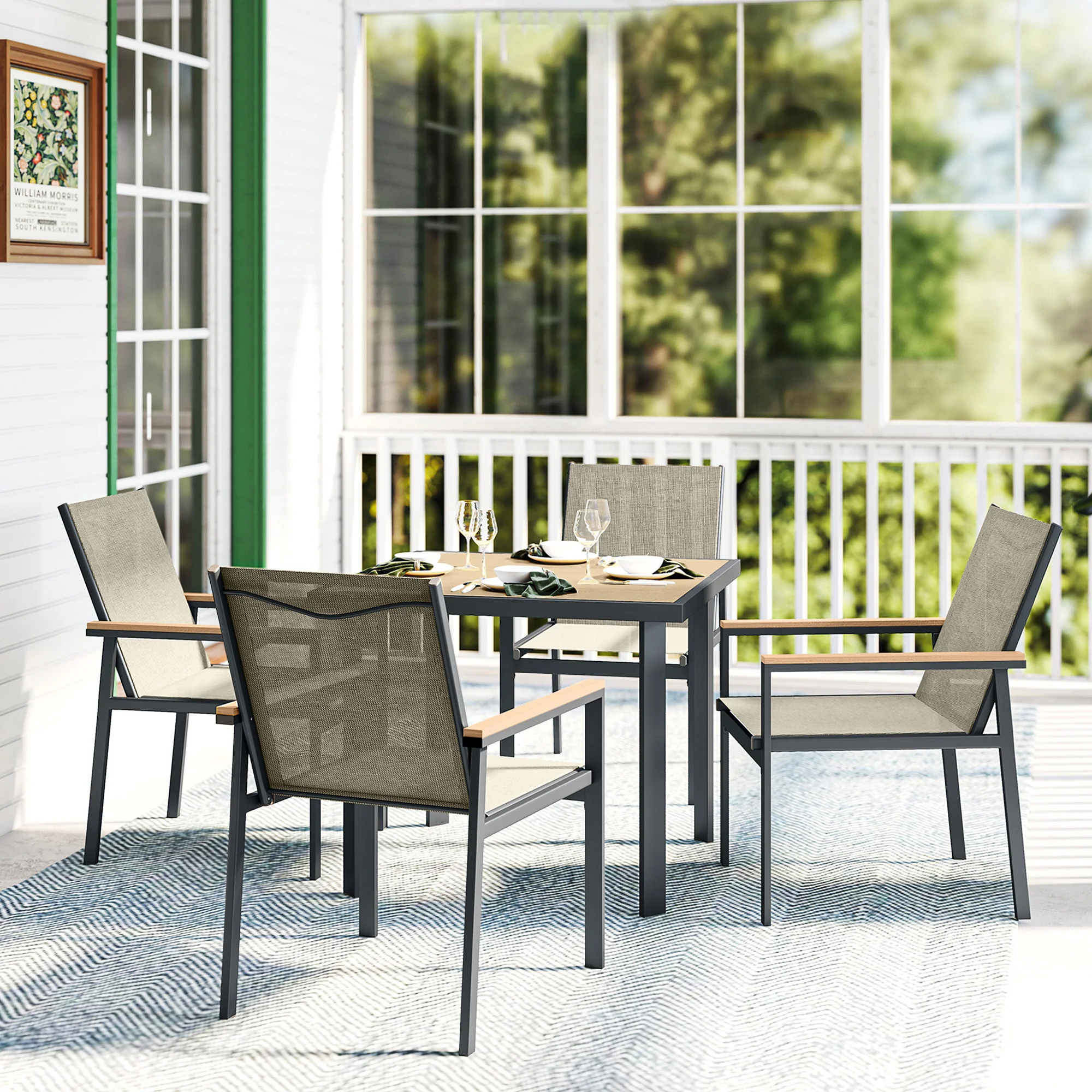 Outsunny 5 Piece Garden Dining Set, Outdoor Table and 4 Chairs, Khaki - Image 8