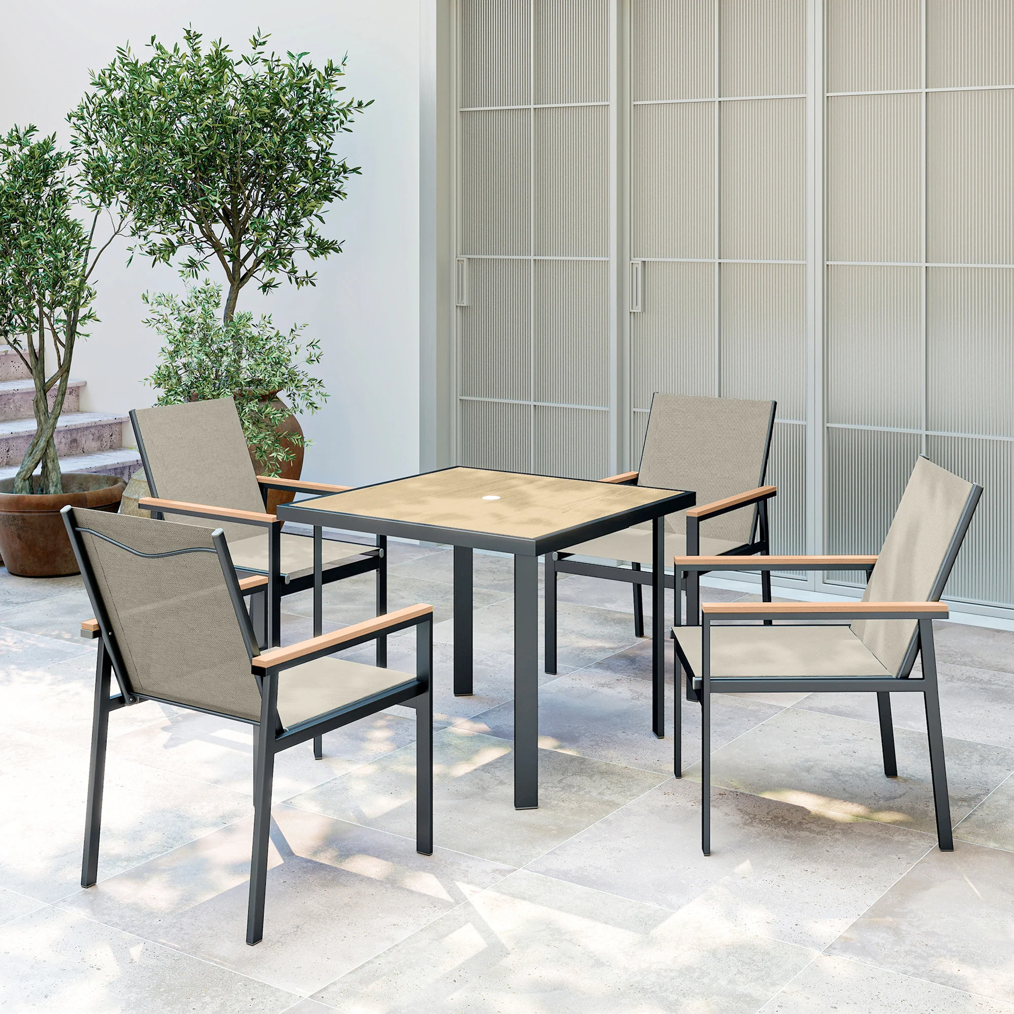 Outsunny 5 Piece Garden Dining Set, Outdoor Table and 4 Chairs, Khaki - Image 9