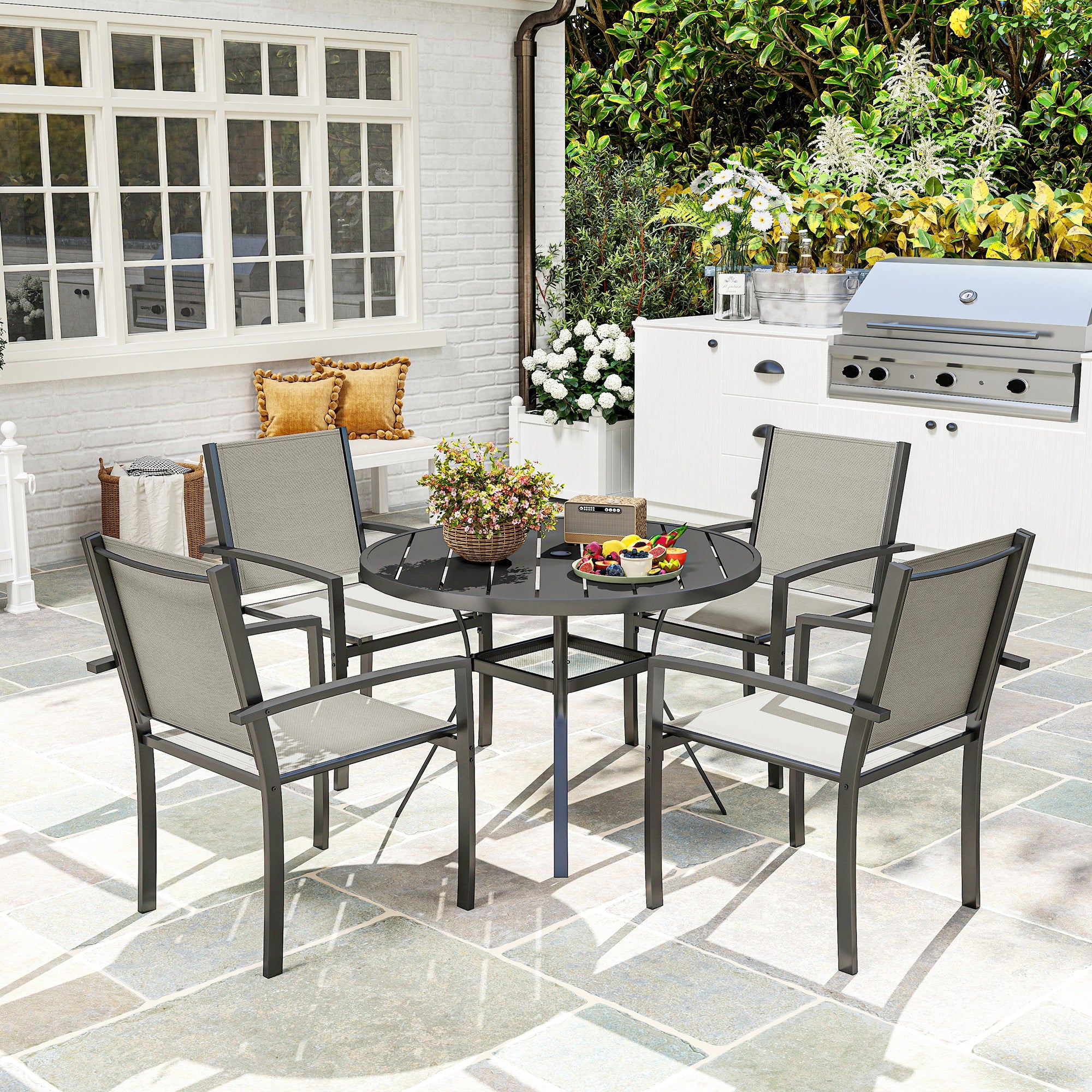 Outsunny 5 Piece Garden Furniture Set With Round Table & 4 Stackable Chairs - Image 2