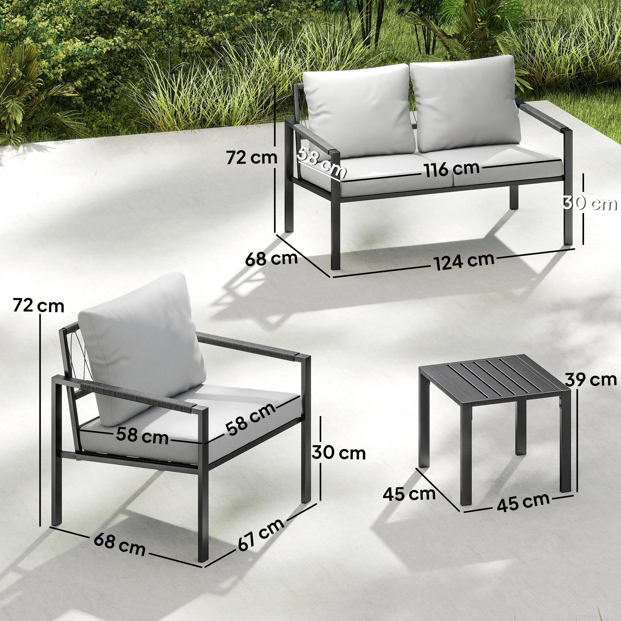 Outsunny 5 Piece Metal Garden Furniture Sofa Set with Cushions, Light Grey - Image 3