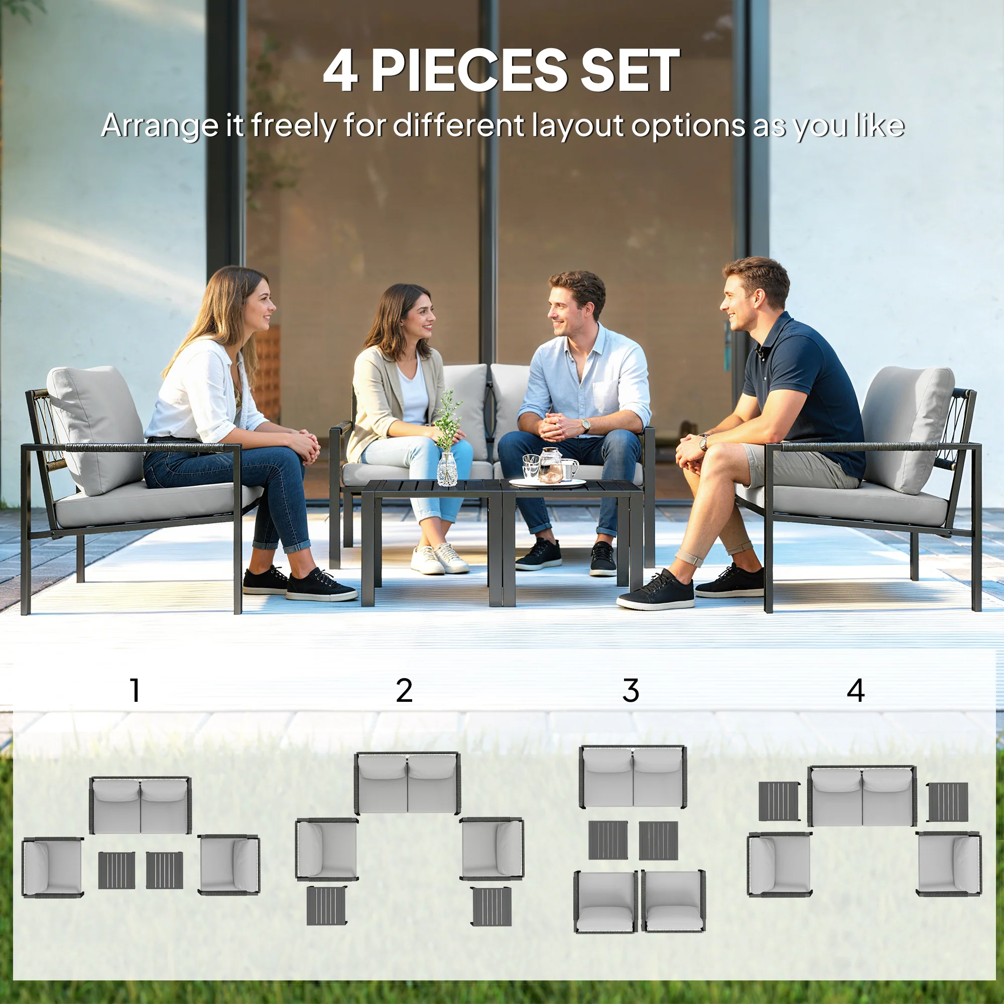 Outsunny 5 Piece Metal Garden Furniture Sofa Set with Cushions, Light Grey - Image 4