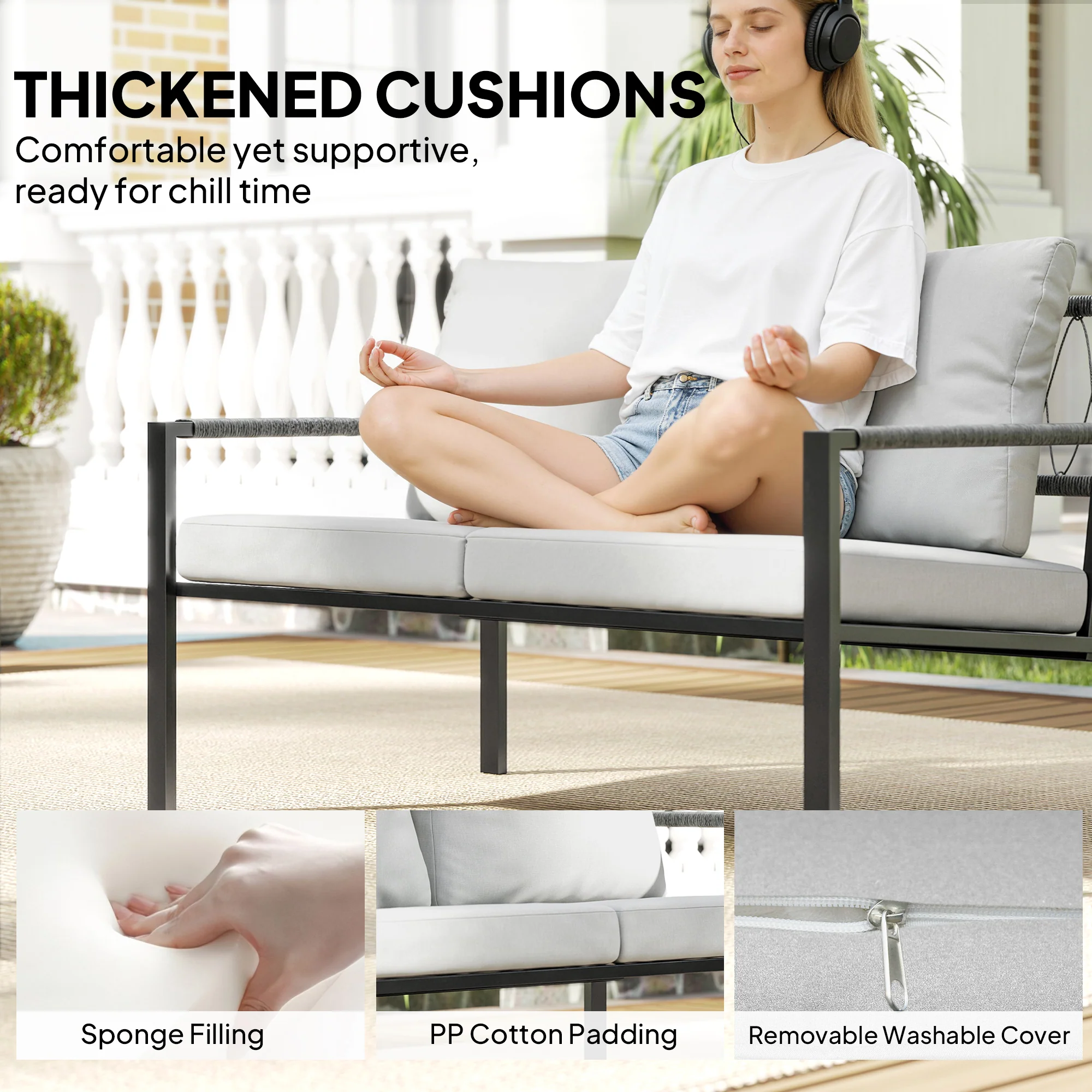 Outsunny 5 Piece Metal Garden Furniture Sofa Set with Cushions, Light Grey - Image 5