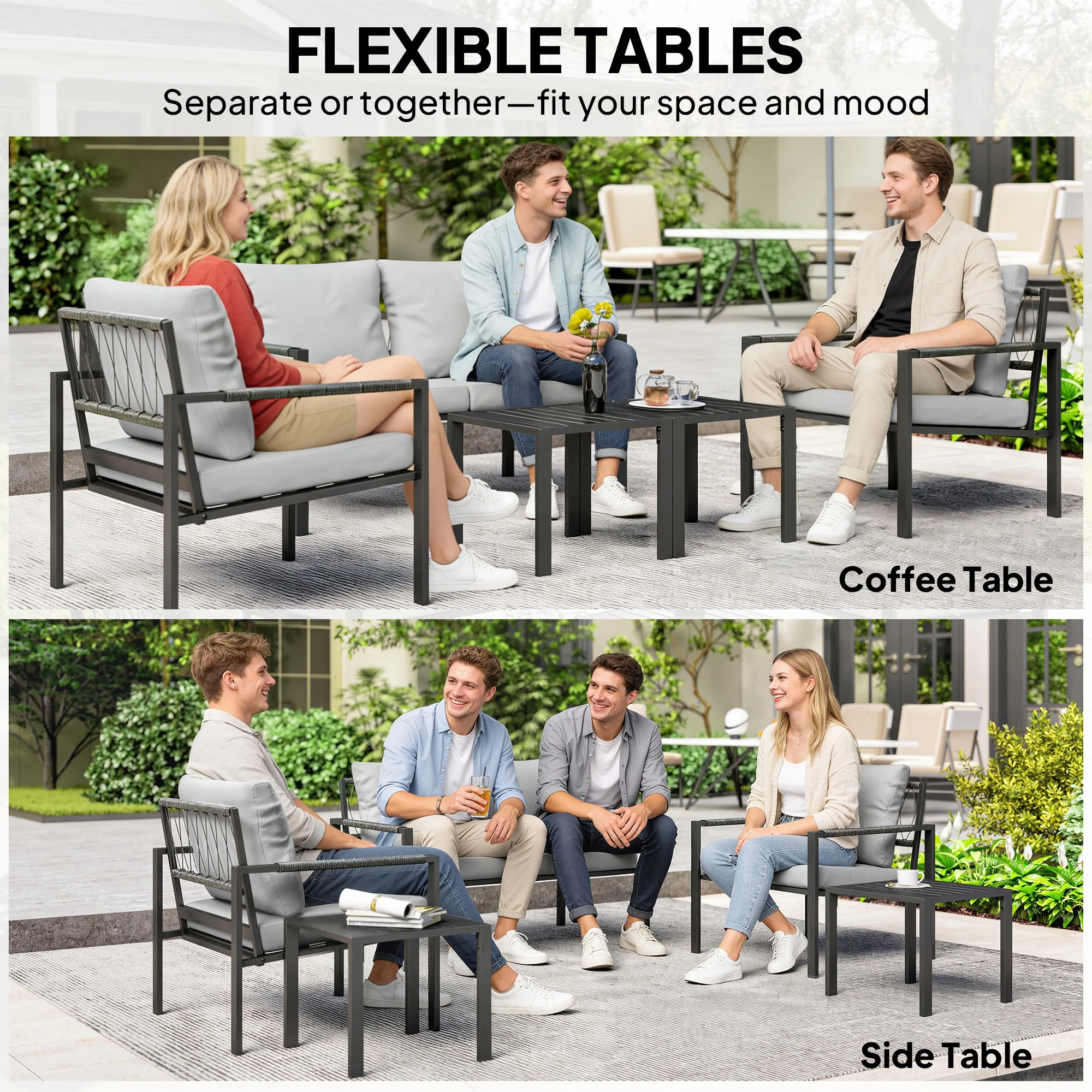 Outsunny 5 Piece Metal Garden Furniture Sofa Set with Cushions, Light Grey - Image 7