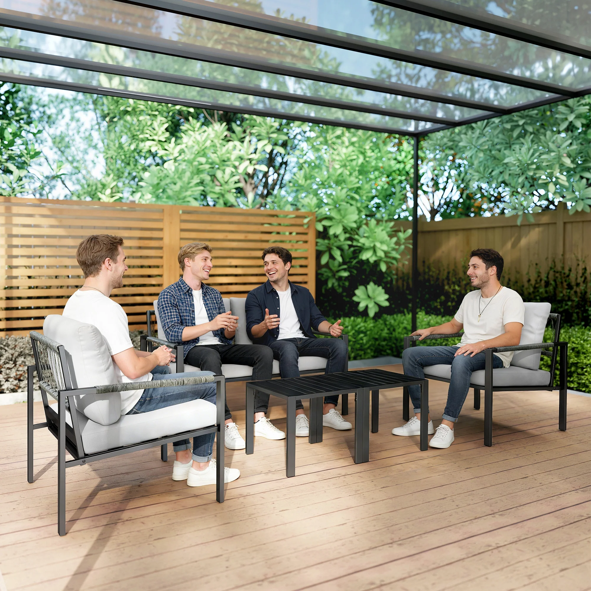 Outsunny 5 Piece Metal Garden Furniture Sofa Set with Cushions, Light Grey - Image 9