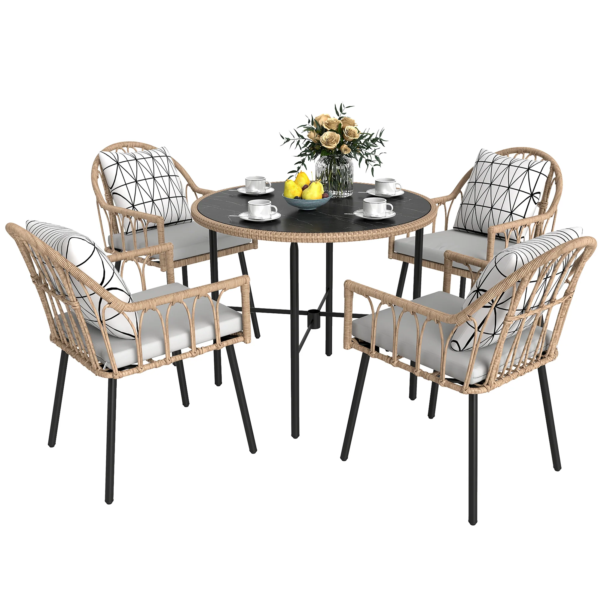 Outsunny 5 Piece Patio Rattan Dining Set W/ Removable Cushions
