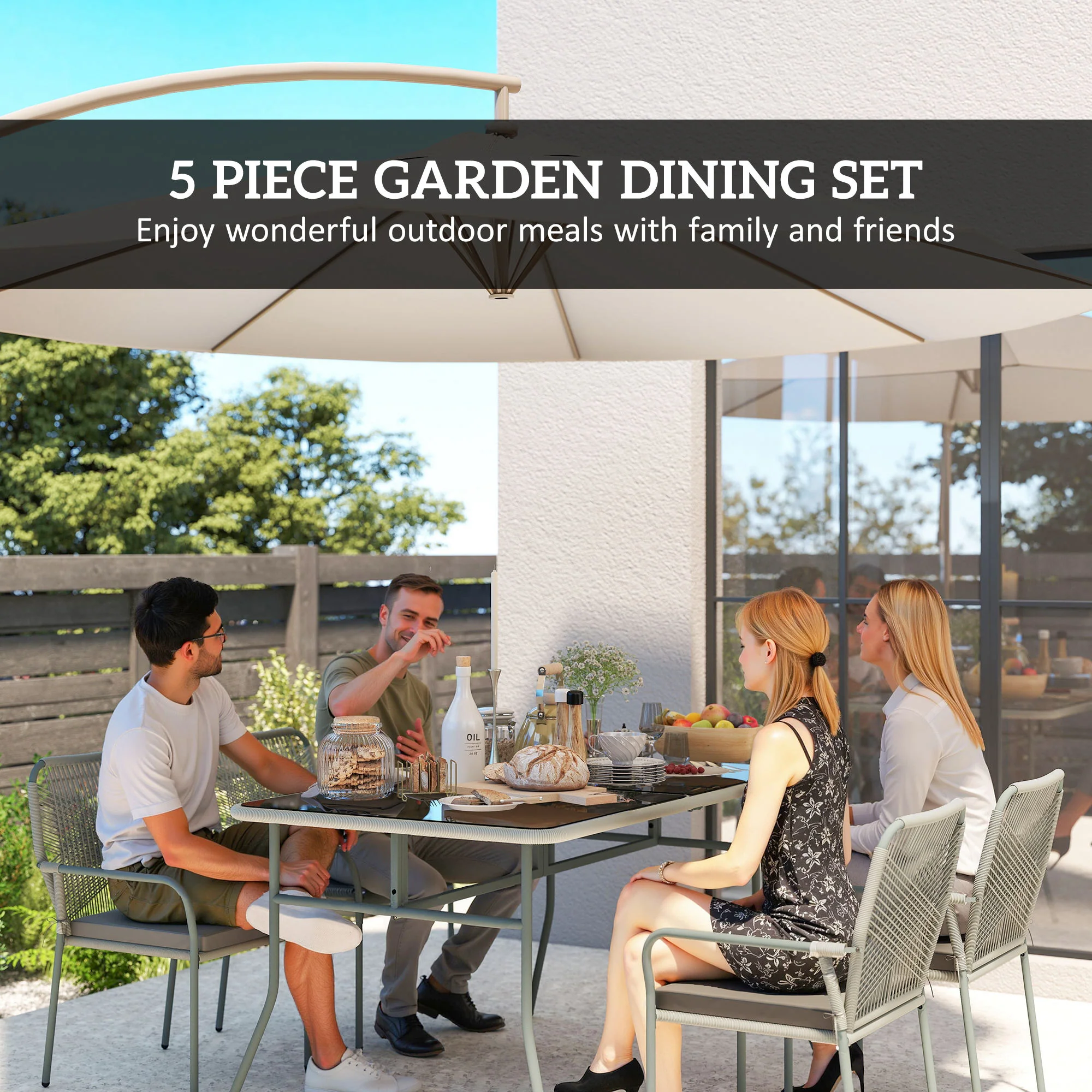 Outsunny 5 Piece PE Rattan Garden Dining Set with Cushions, Light Grey - Image 3
