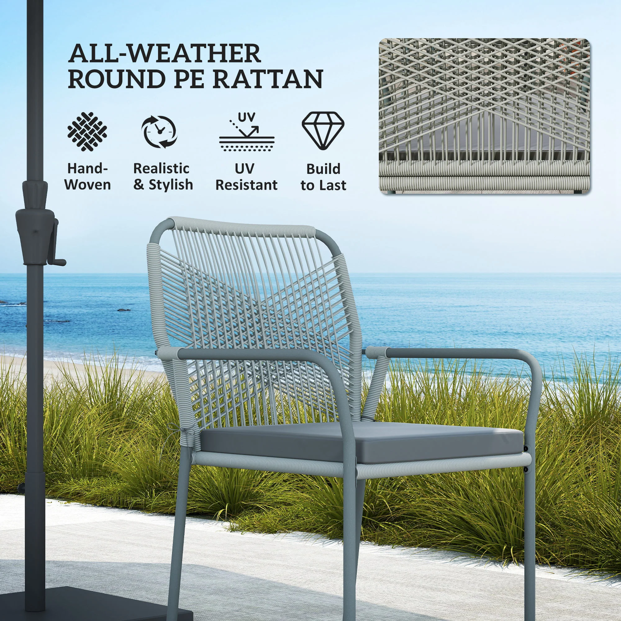 Outsunny 5 Piece PE Rattan Garden Dining Set with Cushions, Light Grey - Image 4