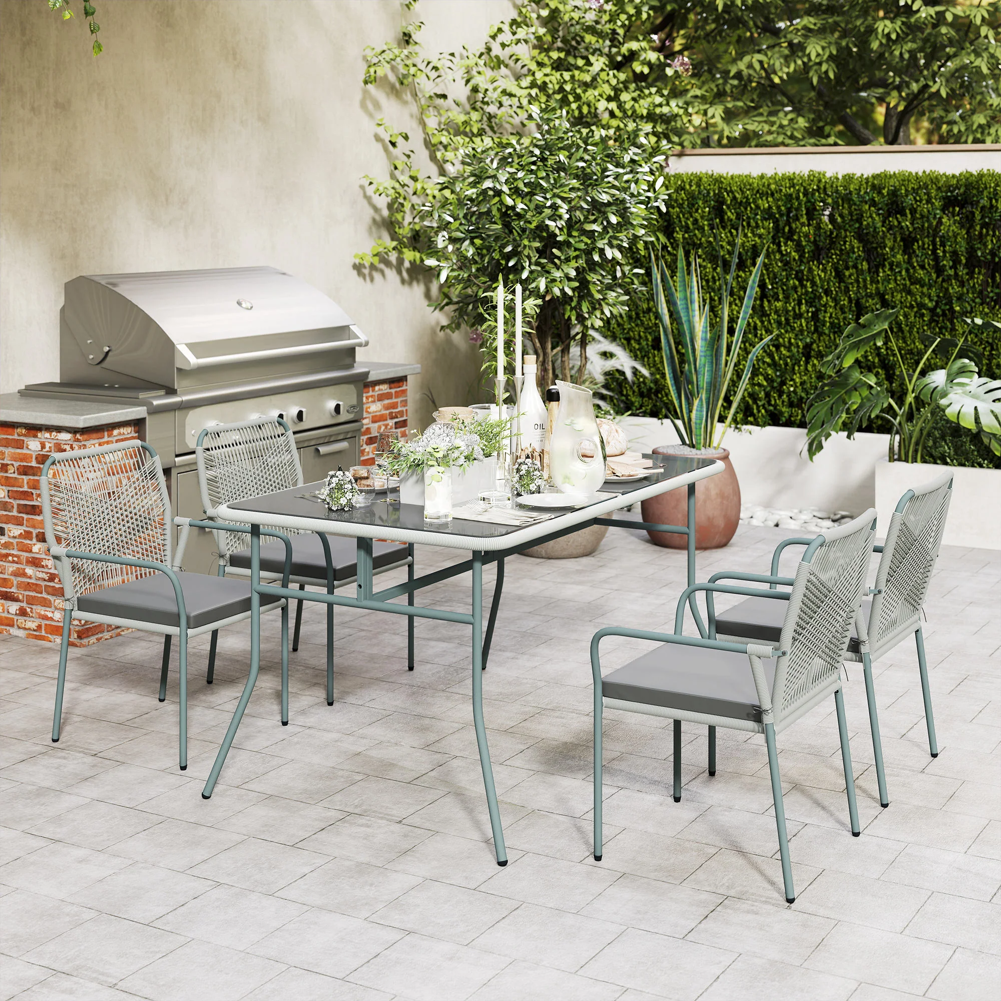 Outsunny 5 Piece PE Rattan Garden Dining Set with Cushions, Light Grey - Image 9